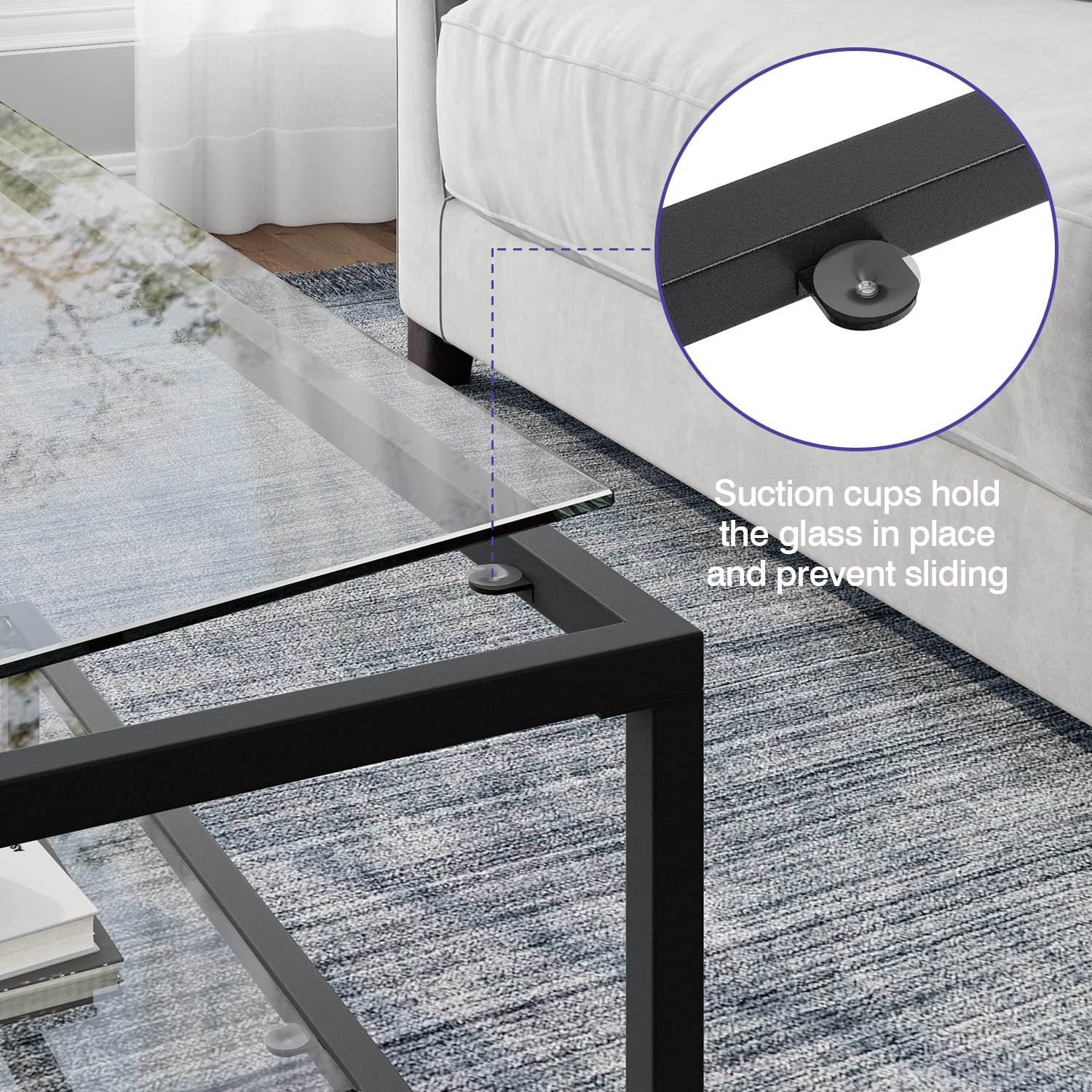NAFORT 45 Inch Gold Rectangular Tempered Glass Coffee Table with Lower Storage Shelf - Modern Living Room Center Table for Home Decor (Black) | Perfect for Small Spaces, Apartments & Contemporary Interiors