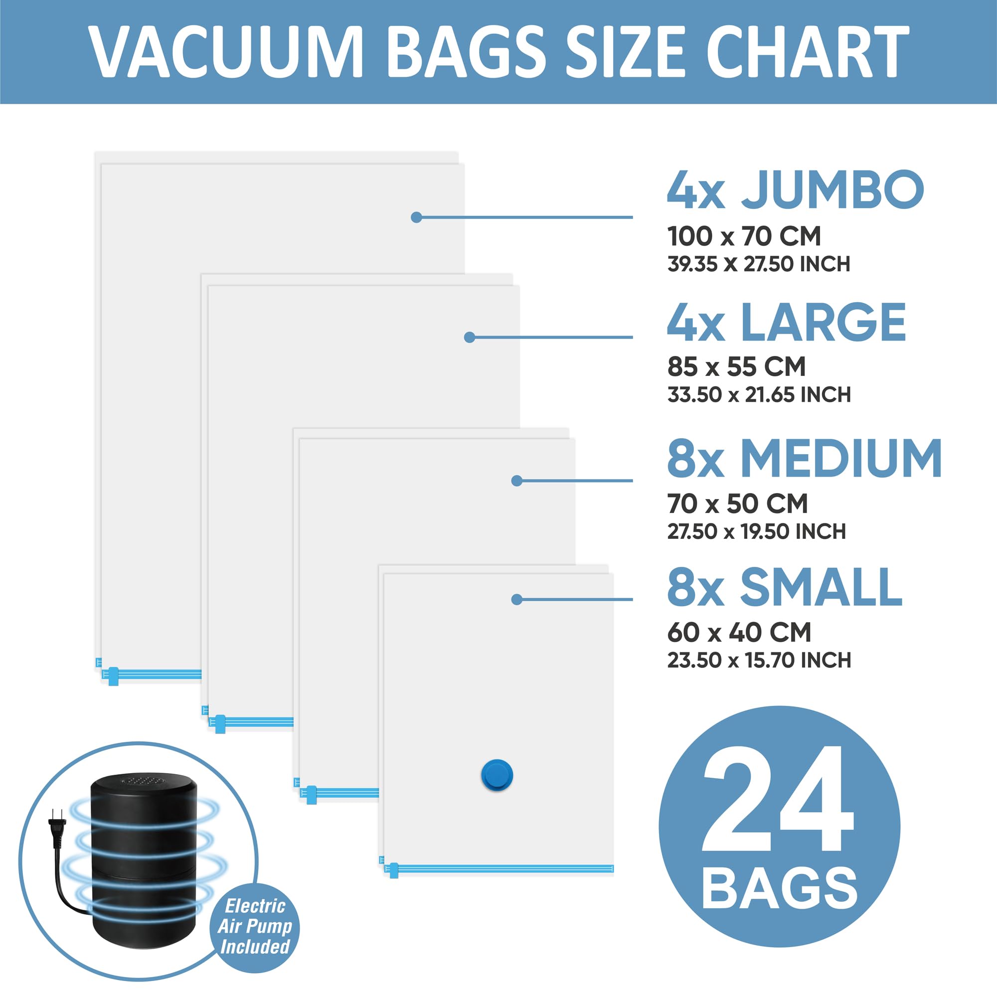 24 Pack Vacuum Storage Bags with Electric Pump - Jumbo/Large/Medium/Small Space Saver Bags for Clothes, Comforters, Pillows, Blankets | Perfect for Seasonal Storage, Travel & Home Organization