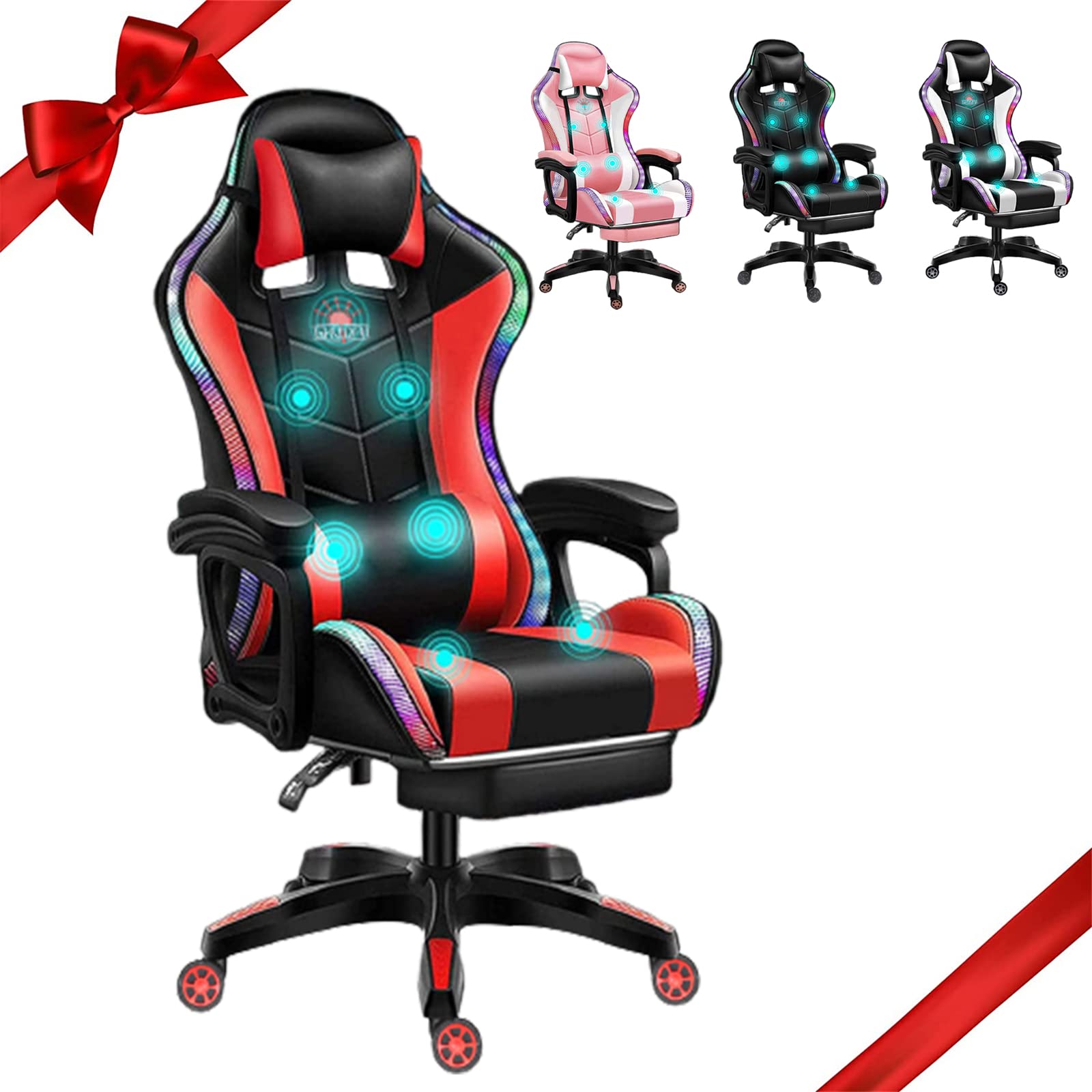 WLYMQFC RGB Gaming Chair with Speakers - Ergonomic High Back PU Leather Computer Desk Chair, Adjustable Swivel Racing Chair with LED Lights, Massage Function, Headrest & Lumbar Support - Perfect for PC Gaming, Office Work & Home Entertainment (Red)