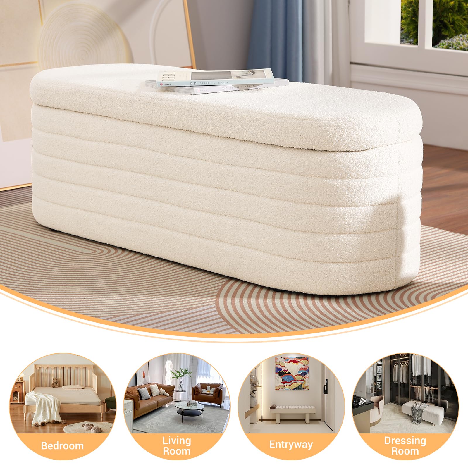 Modern Sherpa Upholstered Teddy Storage Ottoman Bench - White Oval Entryway Bench for Living Room, Bedroom & End of Bed | Multi-Functional Storage Seat with Soft Fabric for Home Decor & Organization