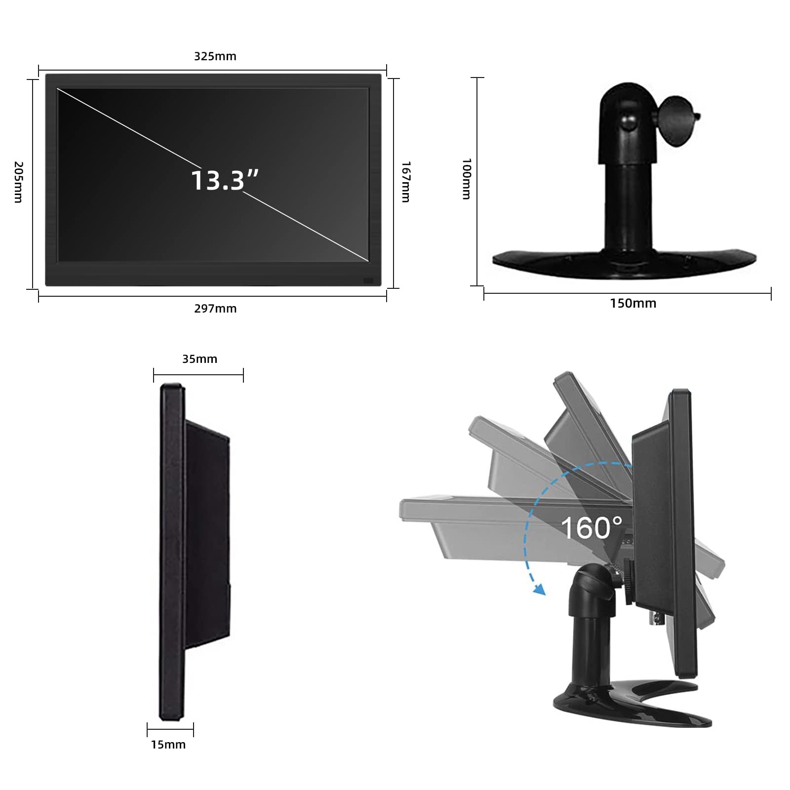13.3 Inch LED Monitor 1366x768 Resolution with HDMI/VGA/AV/BNC/USB Ports - Compact PC Display with Built-in Speakers for Fire Stick, Computer, Raspberry Pi - Perfect for Home Office, Gaming & Digital Signage