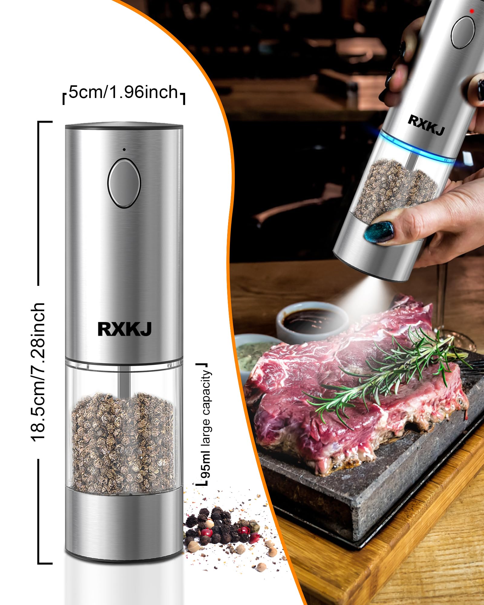 Premium Electric Salt and Pepper Grinder Set - Rechargeable Stainless Steel Automatic Spice Mill with LED Light & Adjustable Coarseness - Perfect for Home Kitchen, Dining Table, and Gourmet Cooking Gifts