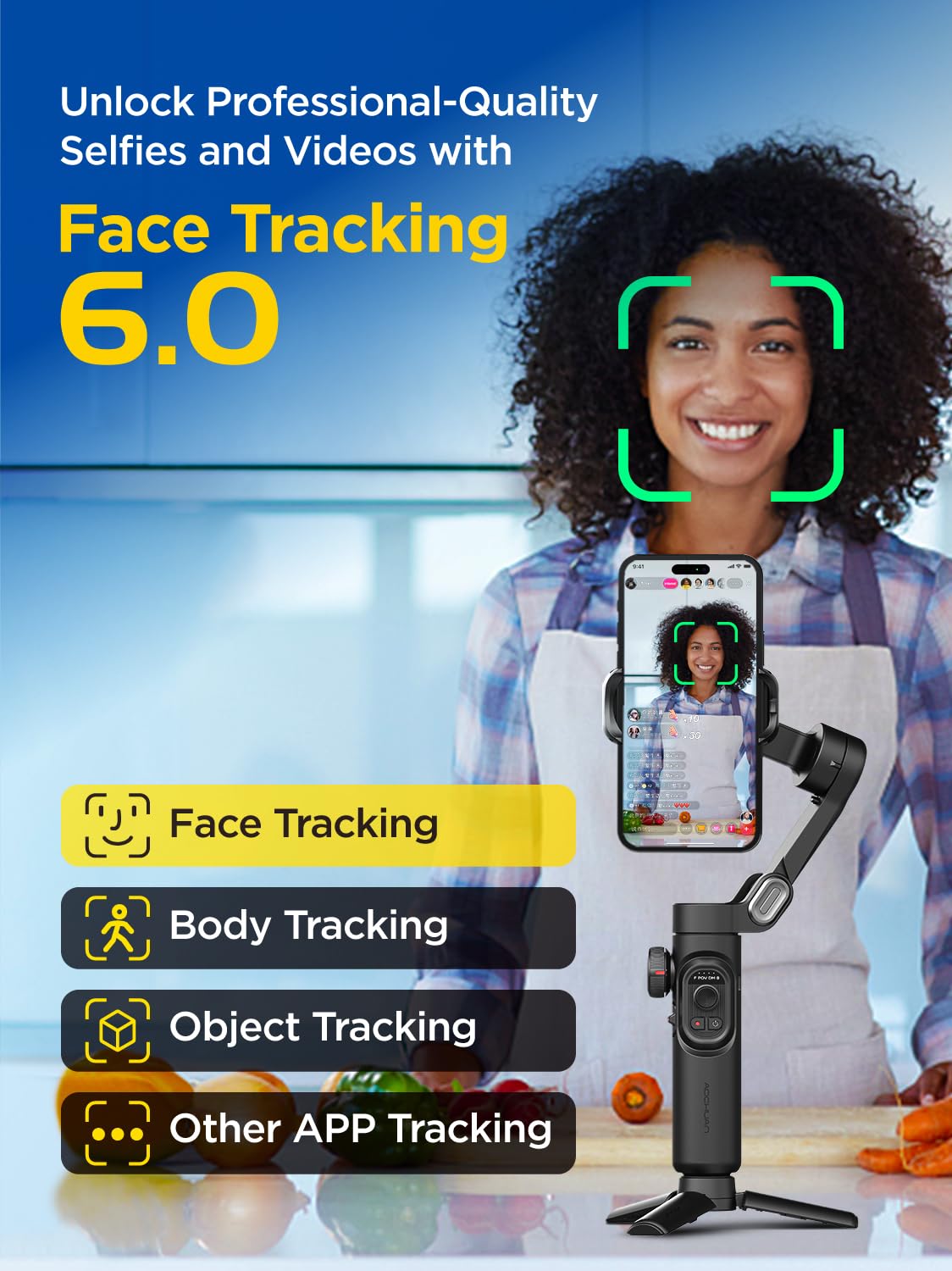 3-Axis Smartphone Gimbal Stabilizer with Focus Wheel & Face/Object Tracking - Compatible with iPhone 16/15 Pro Max & Android Phones - Foldable Handheld Phone Gimbal for Smooth Video Recording - Perfect for Vlogging, Travel Videos & Social Media Content Creation