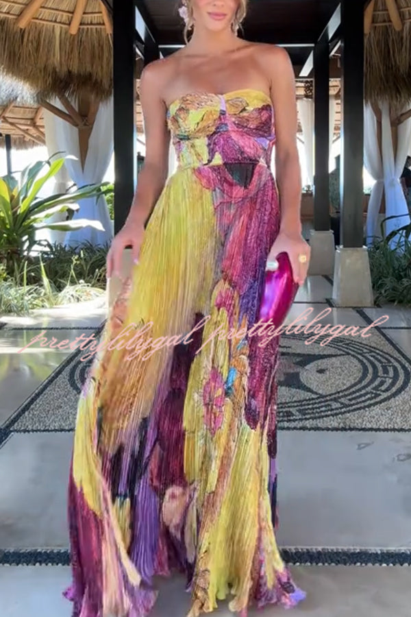 Elegant Floral Print Sweetheart Neck Pleated Maxi Dress for Women | Summer Beach Wedding Party Cocktail Dress