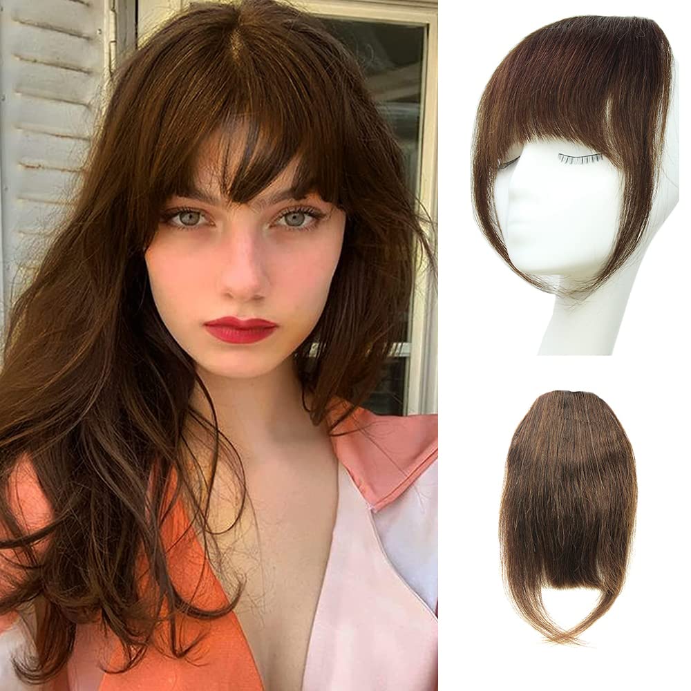 Clip-In Human Hair Bangs for Women - Natural Brown Fake Bangs Hairpiece with Temples | Perfect for Cosplay, Daily Wear & Hairstyle Transformations
