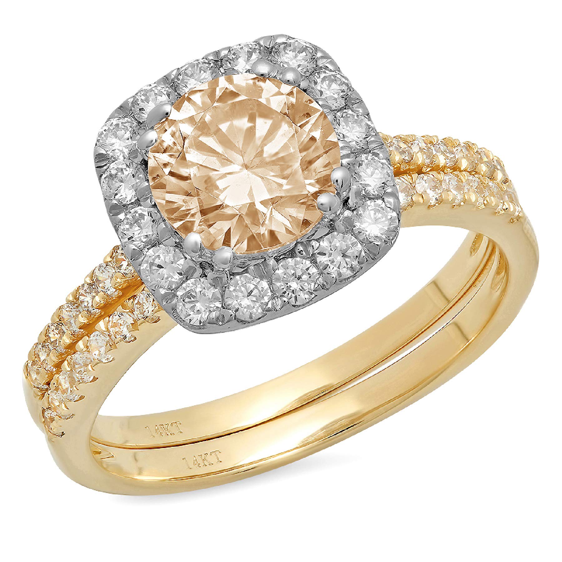 2.22ct Round Cut Halo Pave Solitaire Morganite Engagement Ring in 14k Yellow & White Gold - Genuine Natural Pink Gemstone Bridal Set for Weddings, Anniversaries & Special Occasions