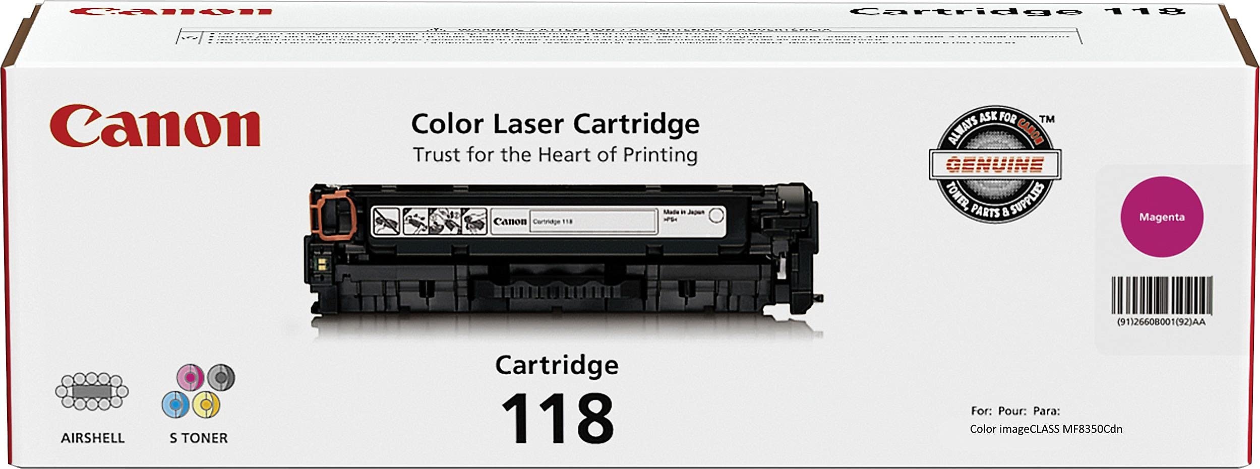Canon Genuine 118 Magenta Toner Cartridge (2660B001) - 1 Pack for imageCLASS MF8350Cdn, MF8380Cdw, MF8580Cdw, MF729Cdw, MF726Cdw, LBP7200Cdn & LBP7660Cdn Laser Printers - Perfect for Office Printing & High-Quality Color Documents