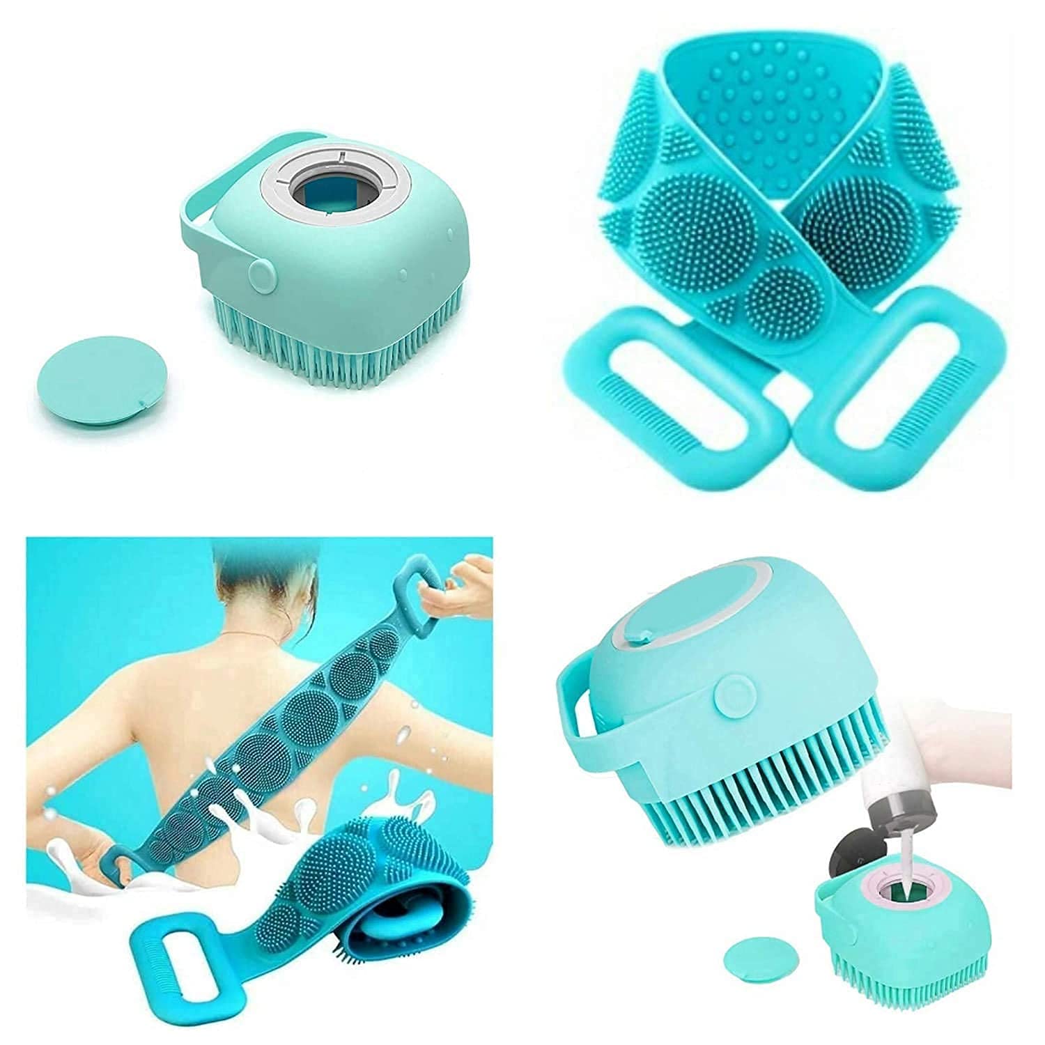 Piercell 2-Pack Silicone Body Back Scrubber & Shower Brush Set with Soap Dispenser - Exfoliating Bath Brush for Deep Cleansing, Massage & Skin Care - Perfect for Shower, Spa & Home Use (Multi-Colored)