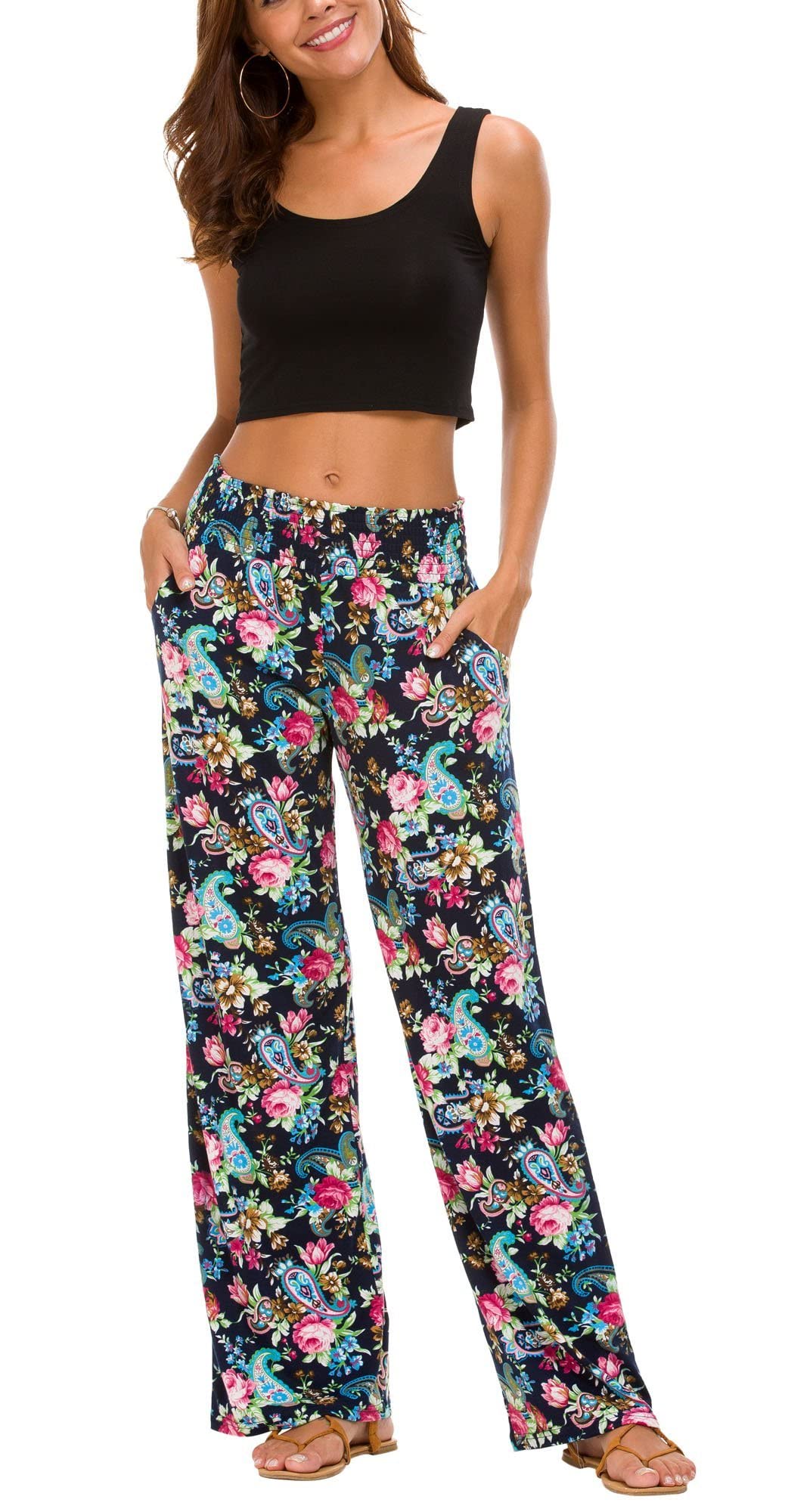 Urban CoCo Women's Boho Palazzo Pants - Wide Leg Beach Lounge Pants with Pockets - High Waisted Comfort for Summer, Travel & Yoga (Casual, Vacation, Festival Outfit)