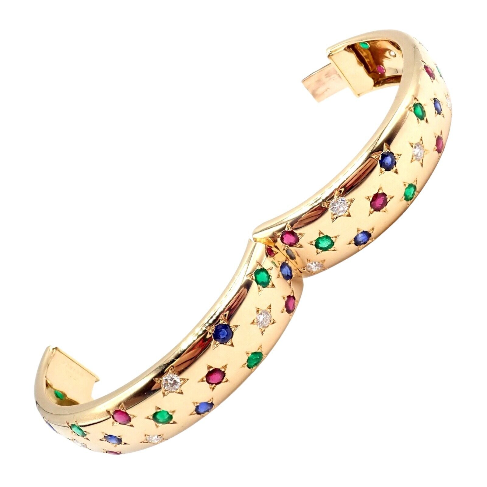 Cartier Star 18k Yellow Gold Diamond Ruby Emerald Sapphire Bangle Bracelet with Certificate - Luxury Jewelry Gift for Women, Anniversary & Special Occasions