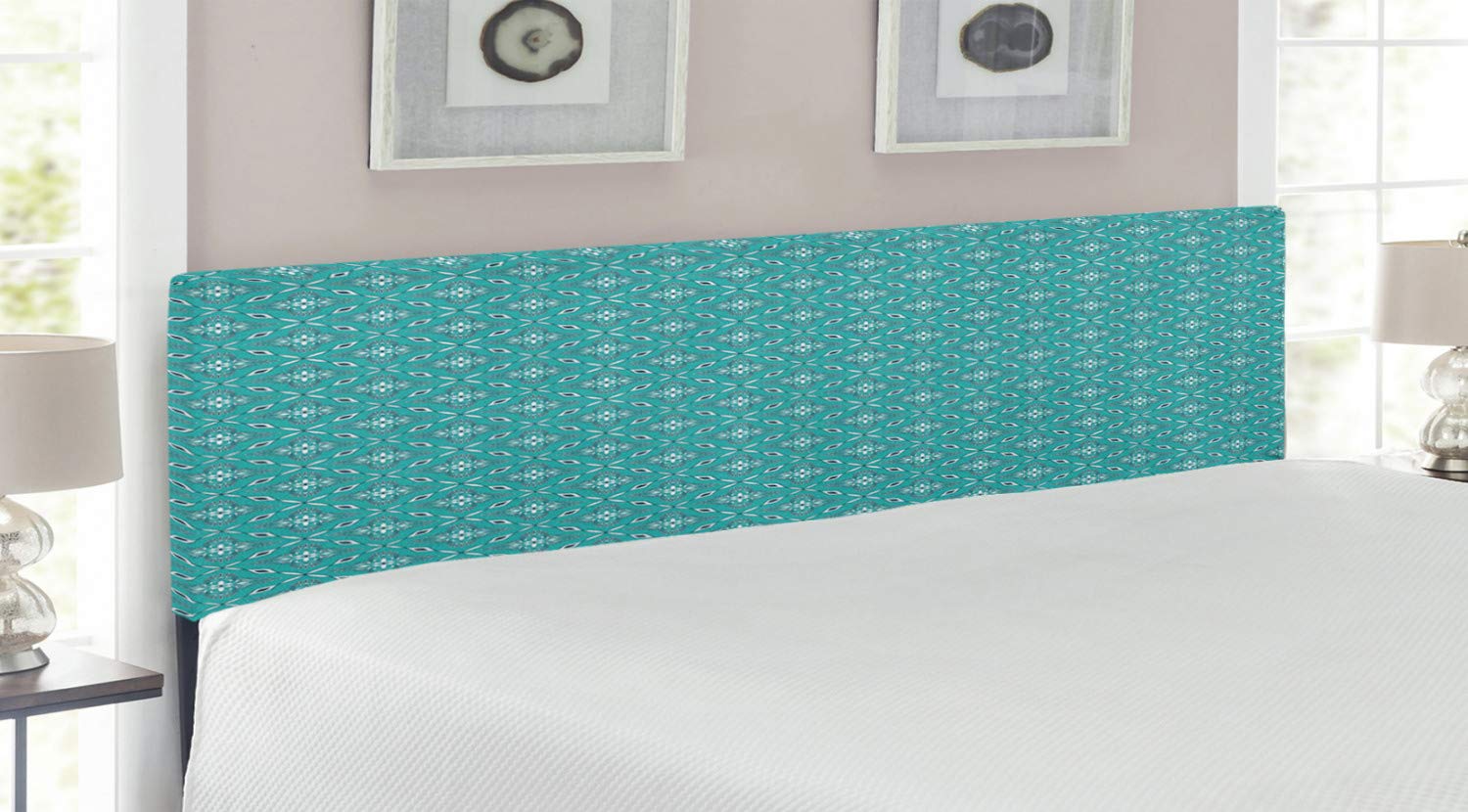 Ambesonne Turquoise Moroccan Style Upholstered Metal Headboard with Geometric Floral Design & Memory Foam - King Size Bed Frame in Dark Blue | Perfect for Master Bedroom, Guest Room & Bohemian Home Decor