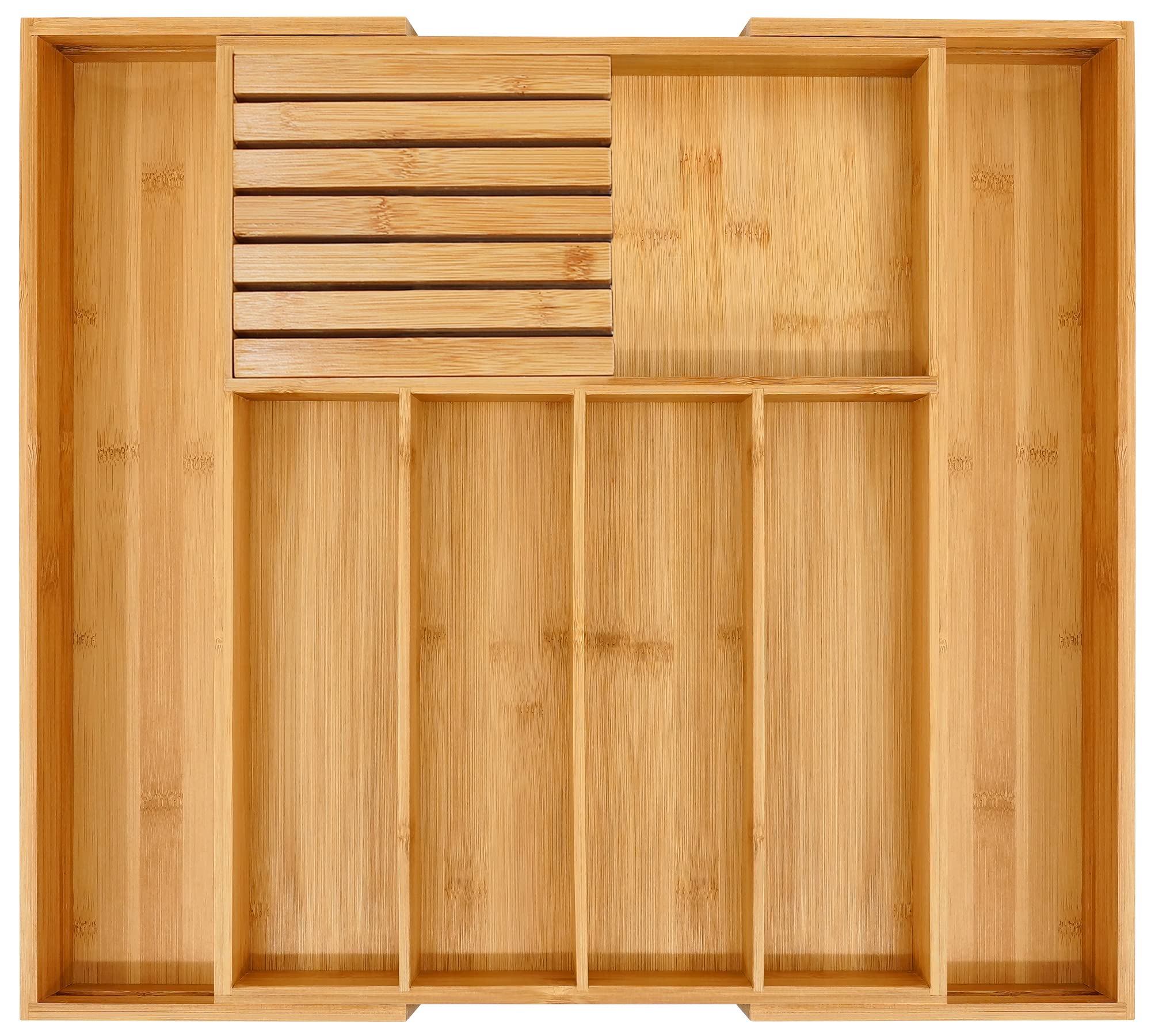 VaeFae Expandable Bamboo Silverware Drawer Organizer with Knife Block & Dividers - Multifunctional Wooden Utensil Tray for Kitchen, Dining Room & Office - Perfect for Organizing Cutlery, Spoons, Forks & Knives