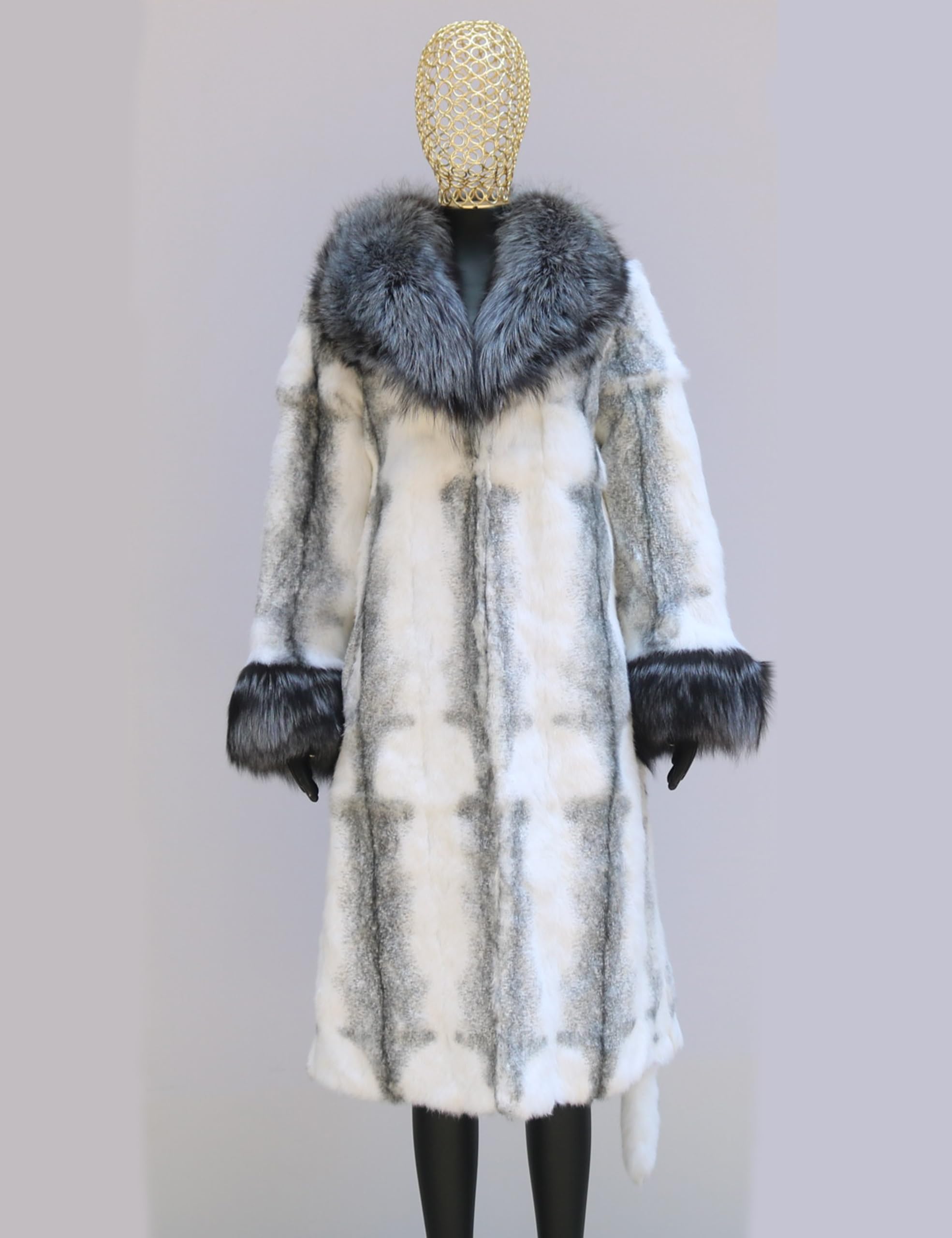 Luxury Women's Genuine Rabbit Fur Coat - Winter Long Jacket with Fox Fur Collar & Cuffs | Warm Elegant Outerwear for Cold Weather & Special Occasions