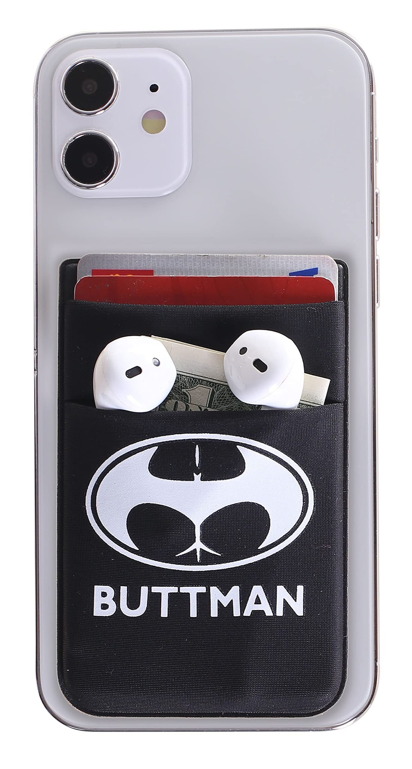 Stretchy Fabric Phone Wallet for iPhone - Stick-On Card Holder for Women, Cute & Funny Design (Black - Buttman) - Perfect for Hands-Free Shopping, Travel & Everyday Use