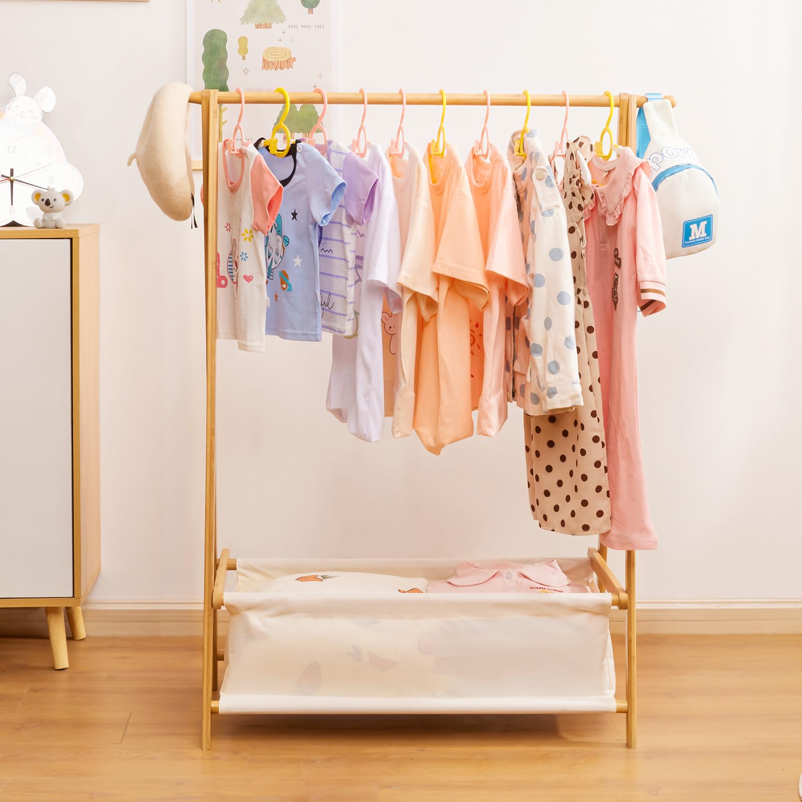 Kids Clothing Rack with Storage Box - Foldable Bamboo Garment Stand with Hanging Rods for Children's Wardrobe | Perfect for Bedroom, Nursery & Playroom Organization