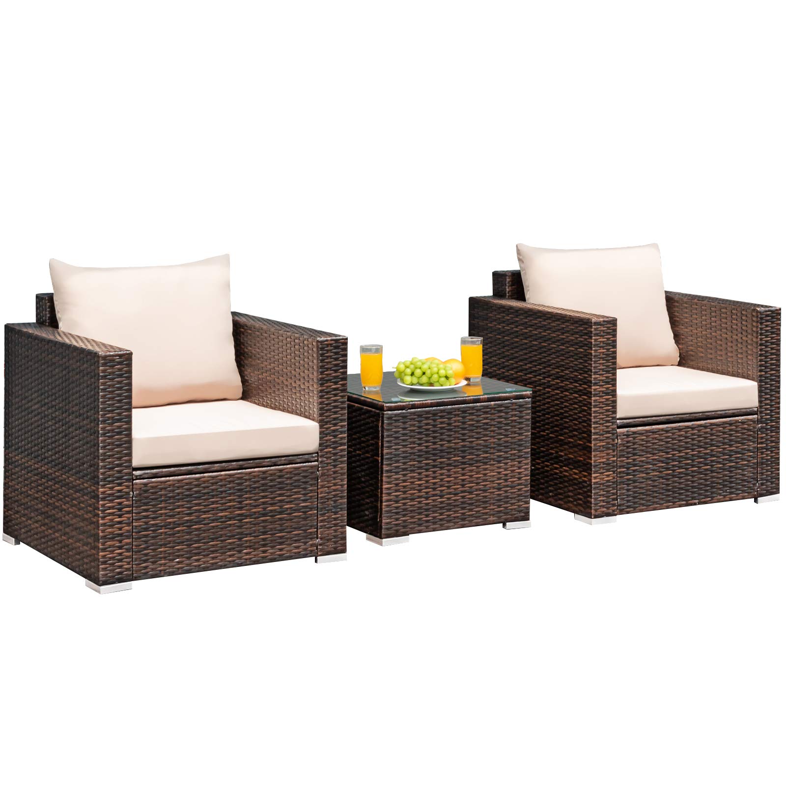 Tangkula 3-Piece Outdoor Patio Furniture Set with Washable Cushions & Tempered Glass Table - PE Wicker Rattan Sofa Set for Garden, Poolside, Balcony - Perfect for Relaxing, Entertaining & Outdoor Dining