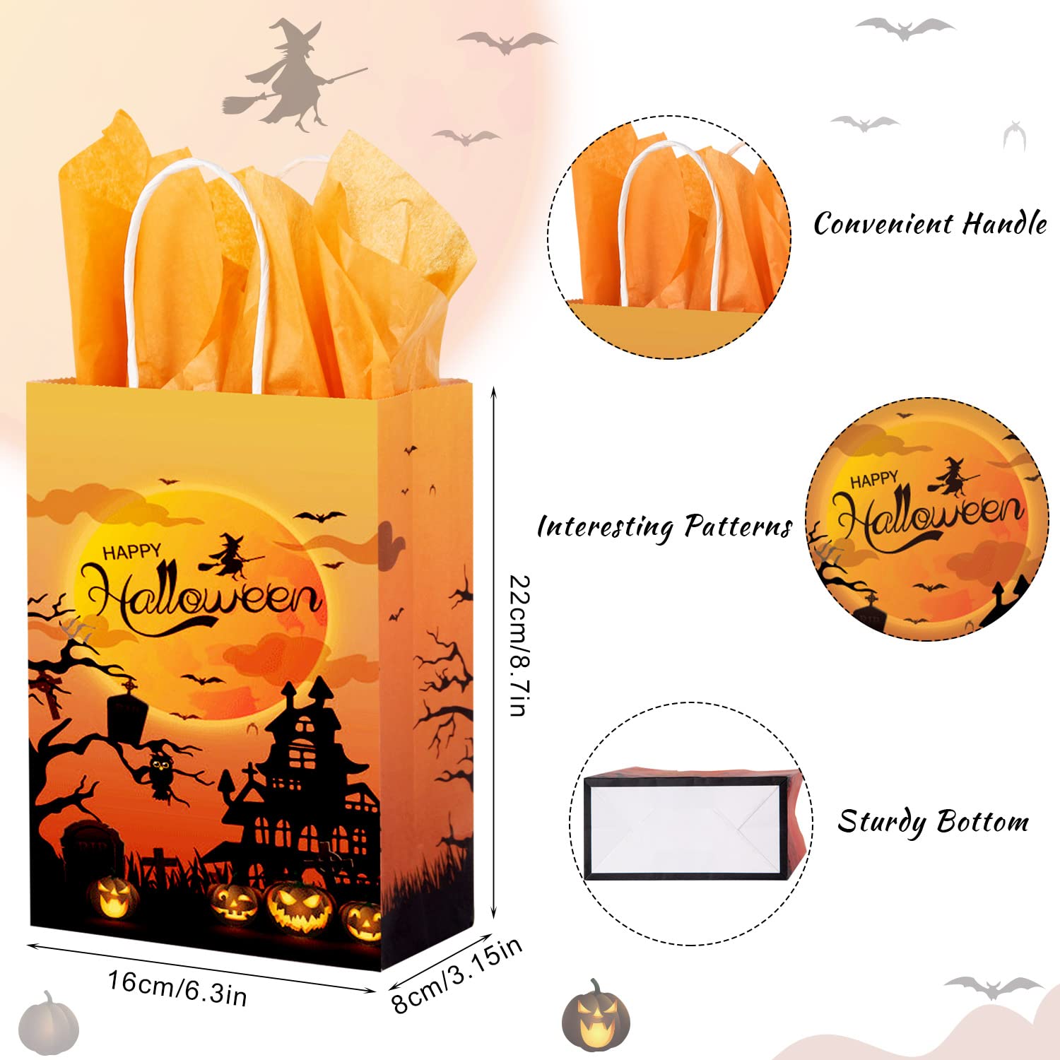 48 Pack Halloween Treat Bags with Tissue Paper - 8.7