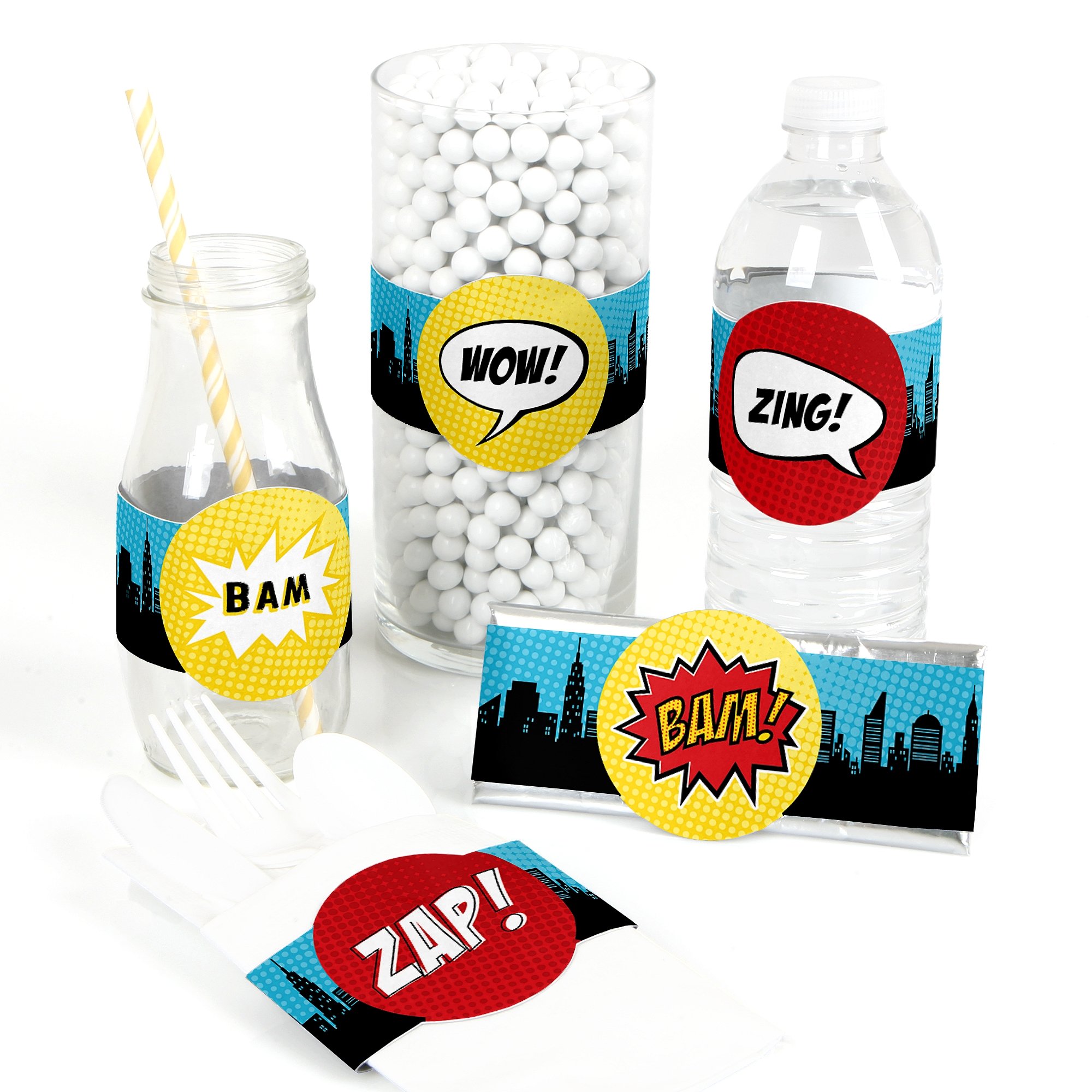 Big Dot of Happiness Bam Superhero DIY Party Supplies - 15-Piece Set for Baby Showers & Birthday Parties - Fun Wrappers, Favors & Decorations - Perfect for Superhero-Themed Events & Kids' Celebrations