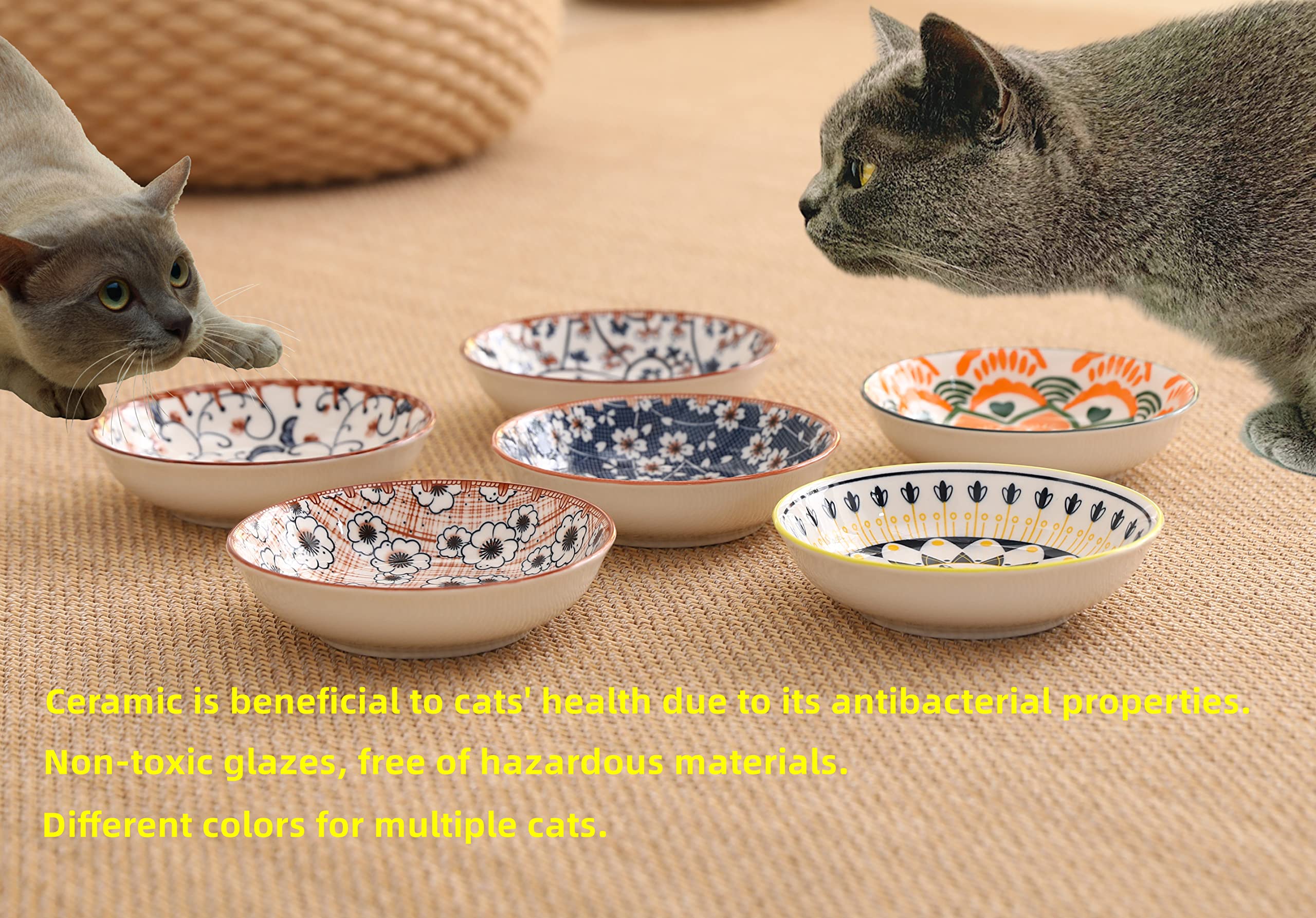 Premium Ceramic Cat Bowls Set of 6 - 5.5 Inch Whisker Friendly Cat Food Dishes for Indoor Cats, Shallow Wet Food Plates to Prevent Whisker Fatigue - Perfect for Kittens & Adult Cats at Home or Vet Visits