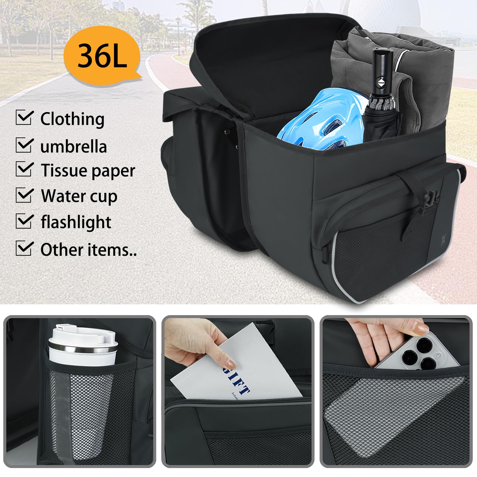 Waterproof 36L Double Panniers Bike Bags - Reflective Safety Saddle Bags for Rear Rack Bicycles, Universal Fit for Most Bicycle Racks with Included Rain Cover (Black) - Perfect for Commuting, Touring & Outdoor Adventures