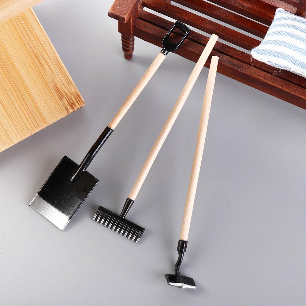 1:12 Scale Miniature Shovel & Hoe Set - Black Fairy Garden Decor, Tiny Farming Tools for Miniature Gardens & Dioramas - Perfect for Fairy Houses, Terrariums & DIY Craft Projects