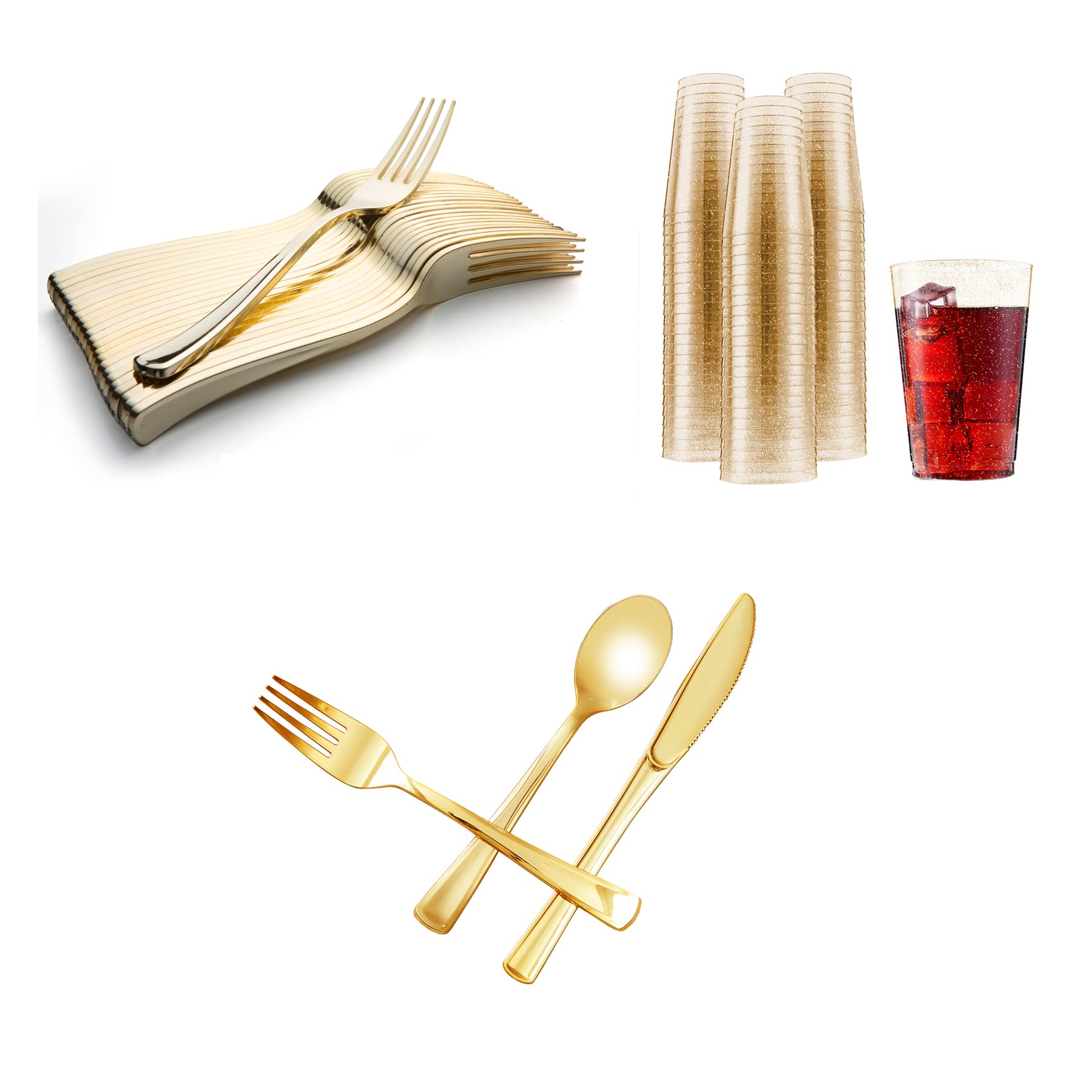 100Pcs Gold Plastic Silverware Set + 72 Gold Plastic Forks + 100 Glitter Plastic Cups - Elegant Disposable Tableware for Parties, Weddings, and Special Events