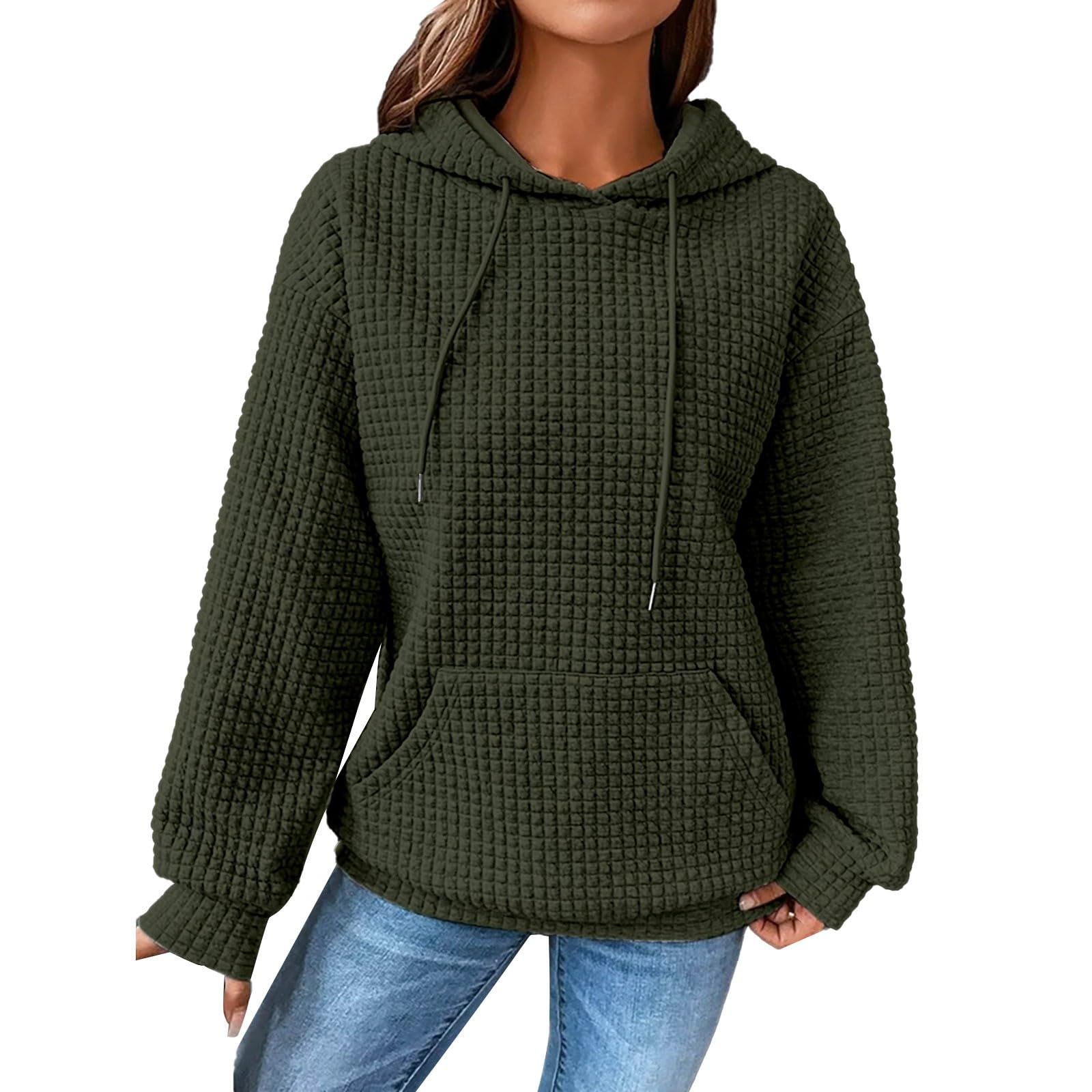 CRNTCEM Women's Waffle Knit Hoodie - Long Sleeve Plaid Print Crewneck Sweatshirt with Drawstring & Pocket | Casual Fall Winter Outfit for Streetwear, Lounge & Coffee Dates