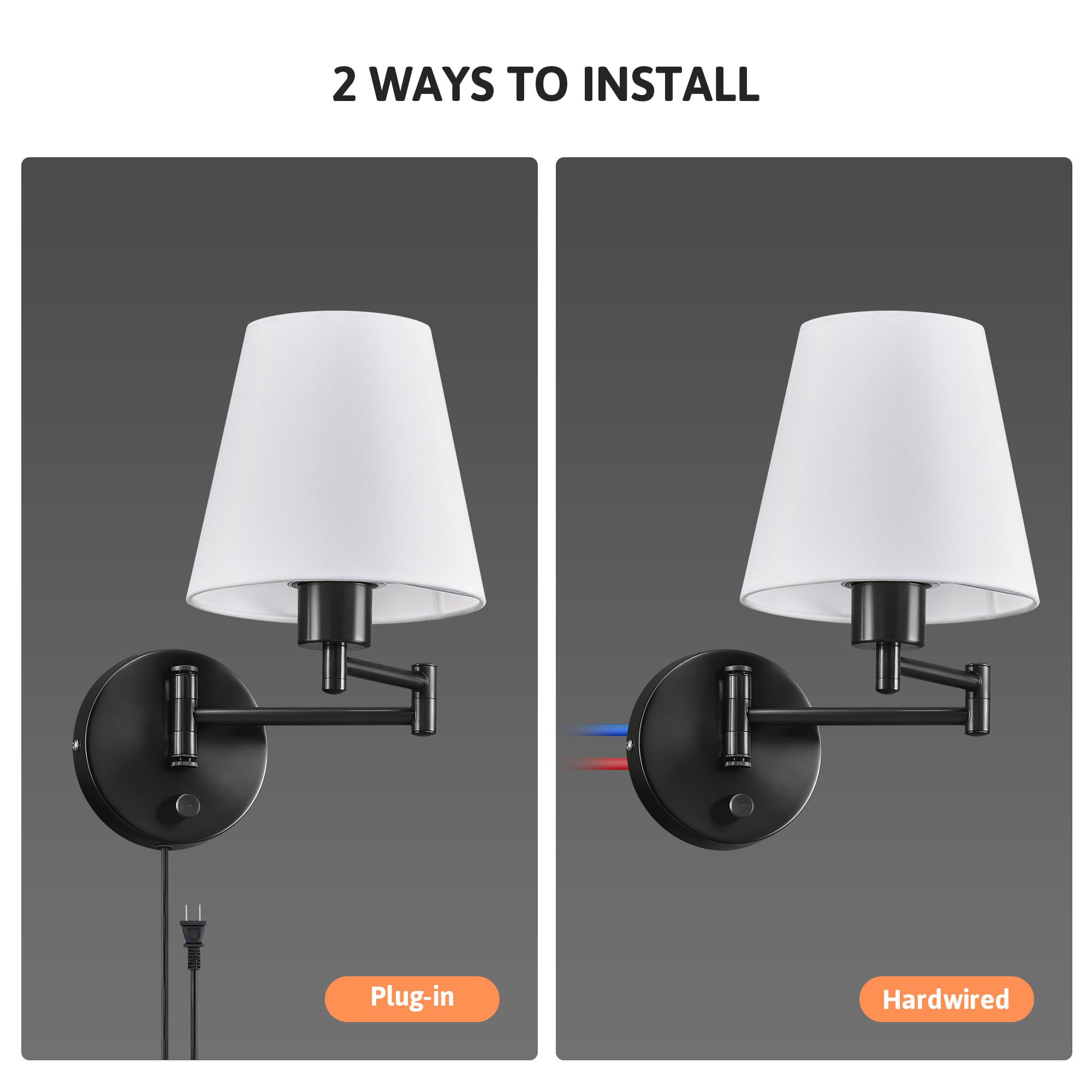 VONLUCE Set of 2 Plug-in & Hardwired Swing Arm Wall Sconces - Adjustable Black Base Wall Mounted Lamps with White Fabric Shade - Modern Lighting Fixtures for Bedroom, Hallway, Study & Home Office Decor