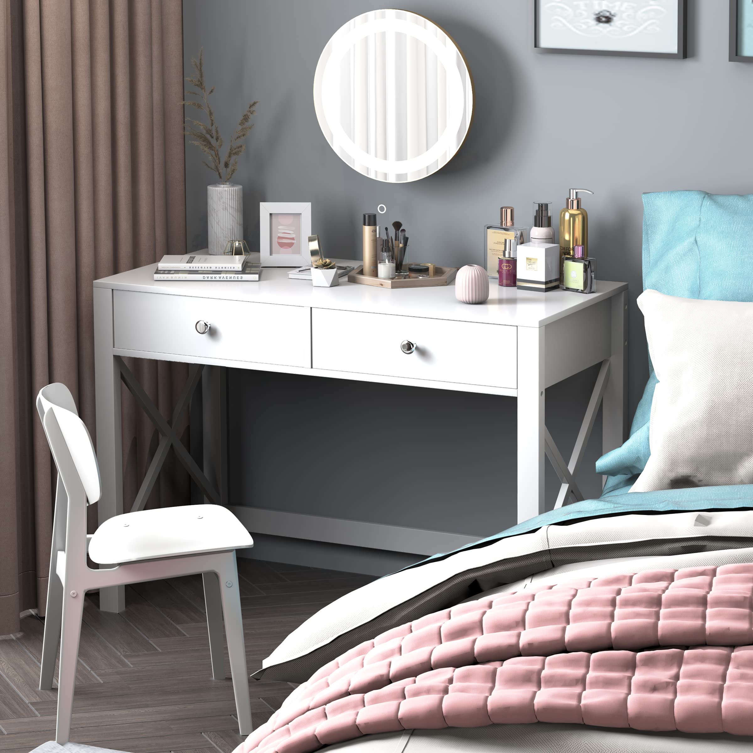EdMaxwell WiberWi Home Office Desk with Drawers - White Modern Writing Computer Desk, Small Makeup Vanity Table for Bedroom & Study Desk for Home Office - Perfect for Remote Work, Online Classes & Makeup Application