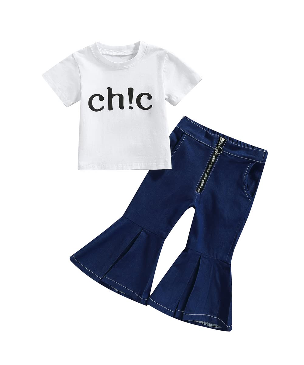 Girls Letter Print T-Shirt & Flared Jeans Set - Casual Outfit for Play & School