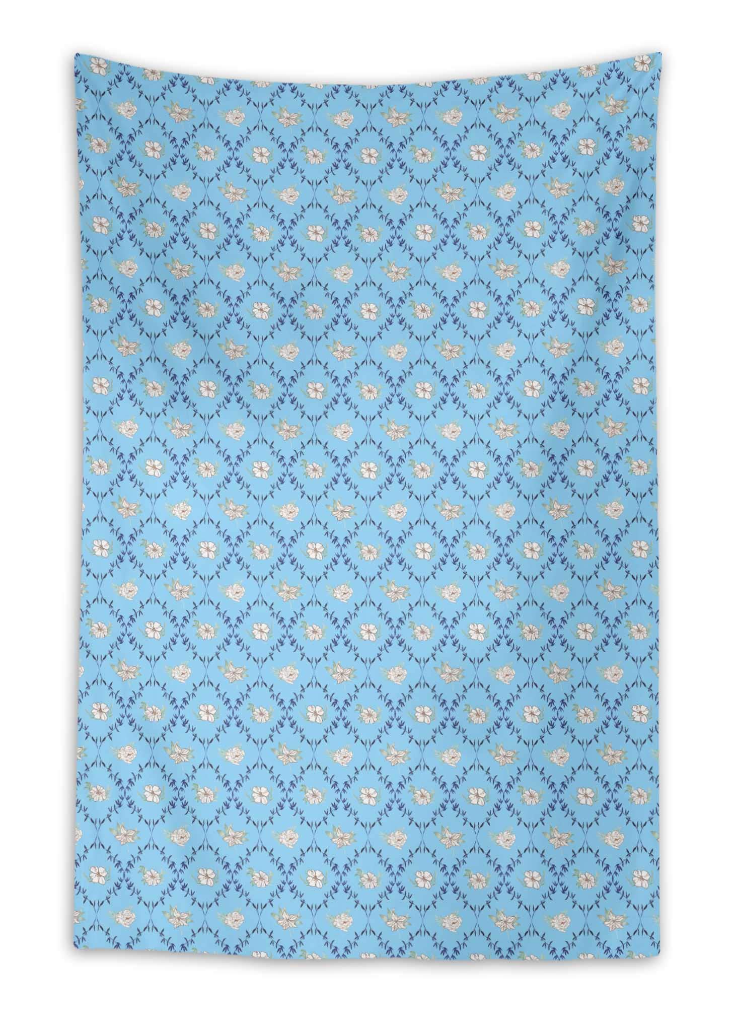 Blue Azalea & Peony Damask Digital Printed Tapestry - 58 x 92 Inches Wall Hanging for Bedroom, Living Room Decor | Boho Chic Home Accent, Dorm Room Aesthetic, Wedding Backdrop