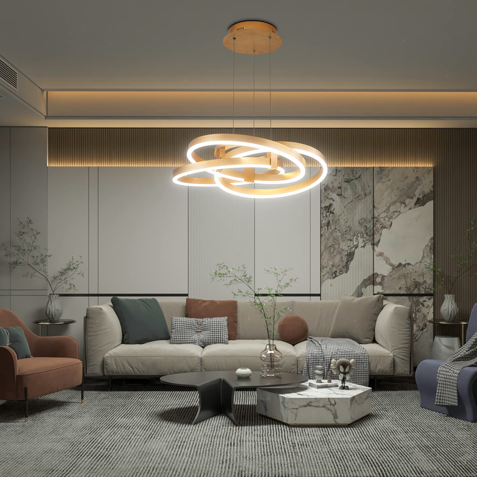 Maxax LED 3 Ring Chandelier - Modern Acrylic Pendant Light Fixture for Industrial Ceiling Lighting in Gold | Perfect for Bedroom, Living Room, Dining Room & Kitchen Island Decor | Creates Elegant Ambient Lighting for Home & Office Spaces