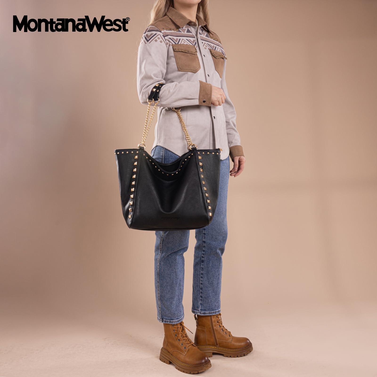 Montana West Large Tote Bag for Women - Oversized Leather Shoulder Purse with Chain Strap, Fashionable Work Bag & Travel Handbag for Daily Use, Office & Weekend Outings