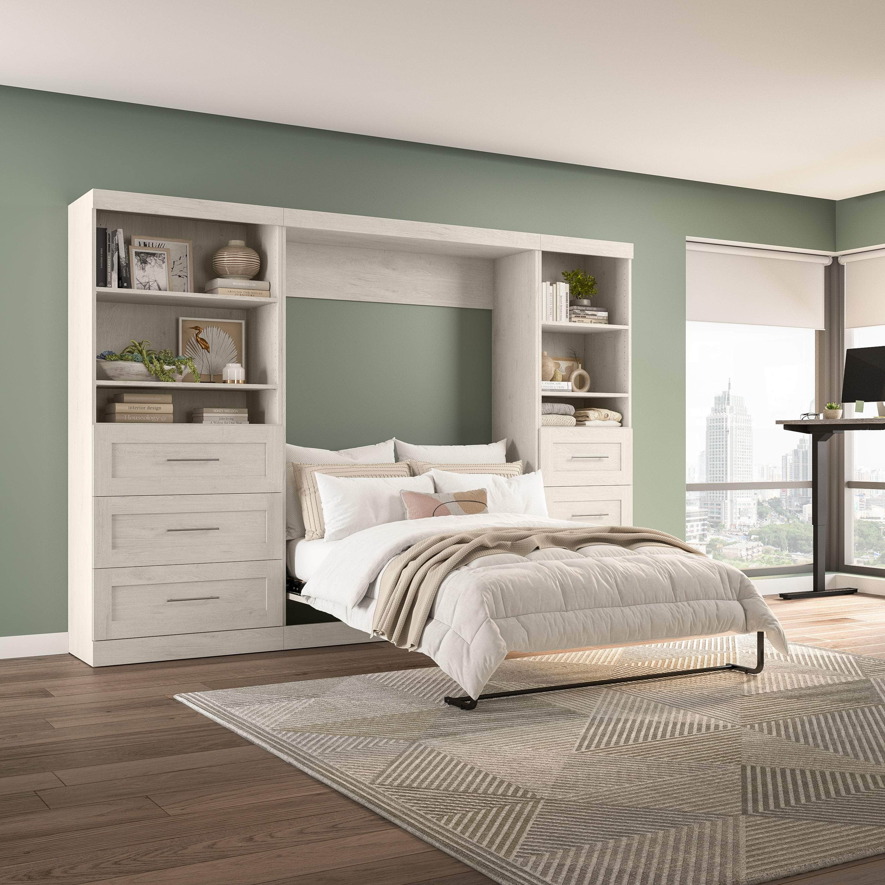 Pur Full Murphy Wall Bed with 2 Storage Units & Drawers (120 Inch) - 5 Color Options | Space-Saving Wall Bed for Small Apartments & Guest Rooms