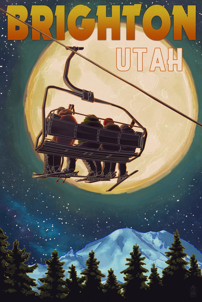 Brighton Utah Ski Lift and Full Moon 47291 - Signed 24x36 Art Print Poster - Mountain Cabin Wall Decor for Ski Resorts, Home Office & Living Room