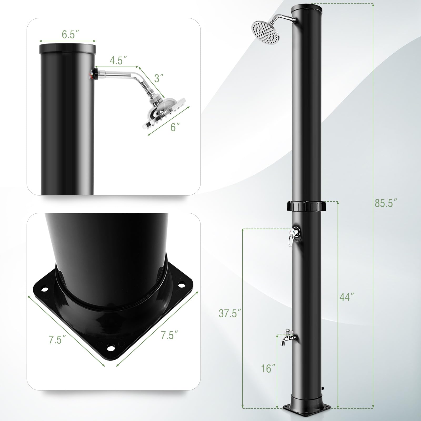 Goplus 10 Gallon Solar Heated Outdoor Shower - 7.2 FT Freestanding Garden Pool Shower with Rotating Shower Head, Temperature Control & Foot Wash - Perfect for Backyard, Beach, Camping & RV Use (Black)