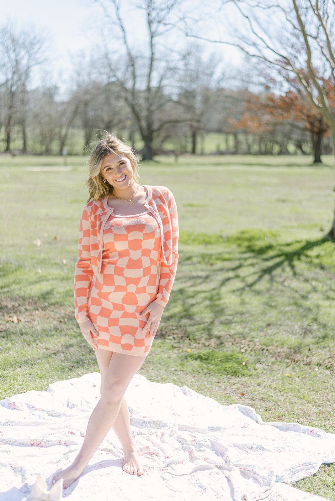 Peach Checkerboard Print Summer Dress for Women - Flowy A-Line Mini Dress with Short Sleeves | Perfect for Beach Vacation, Date Night & Casual Outings