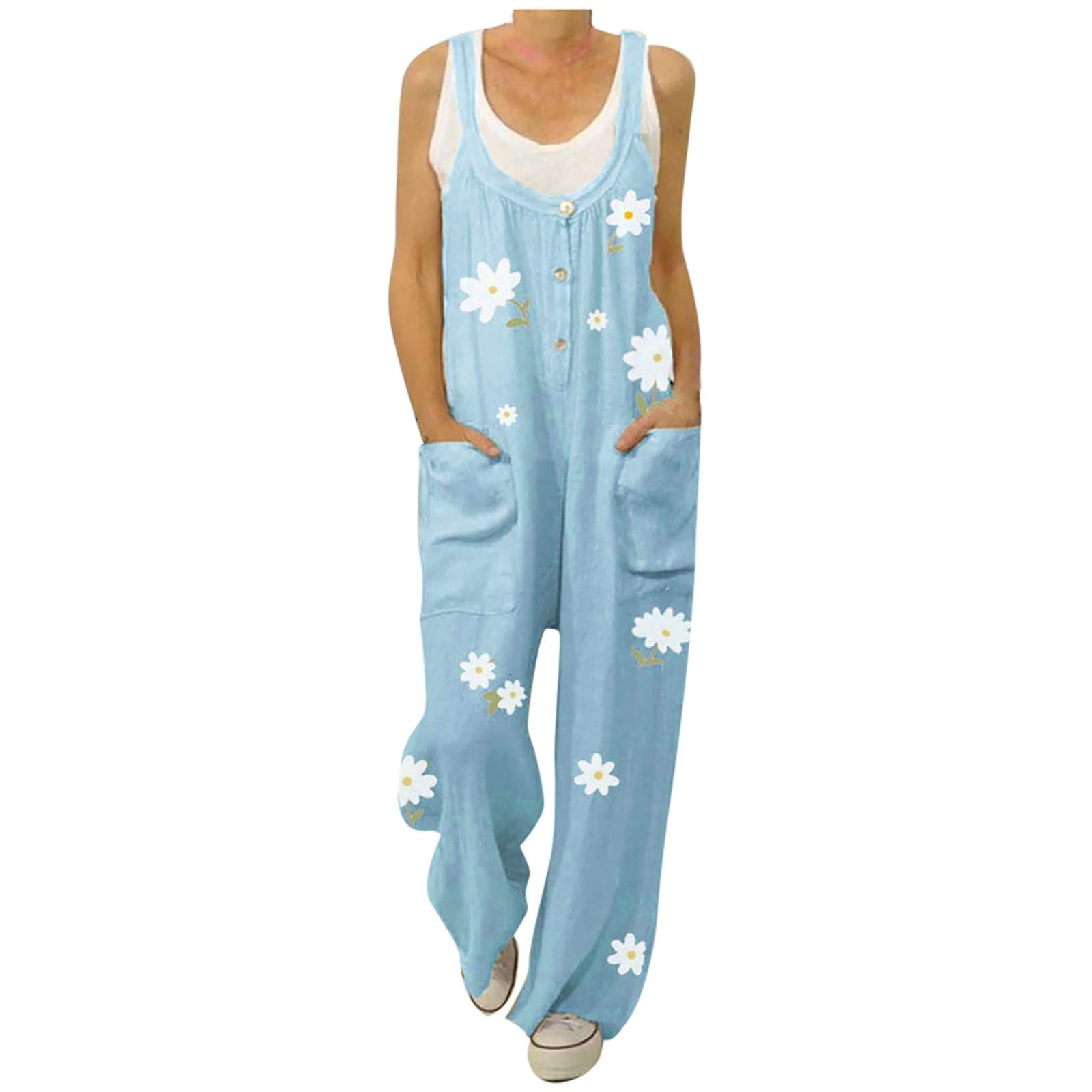Women's Plus Size Blue Denim Floral Print Jumpsuit with Long Sleeves, O-Neck, and Pockets - Casual Romper for Everyday Wear, Spring Outfits, and Date Nights