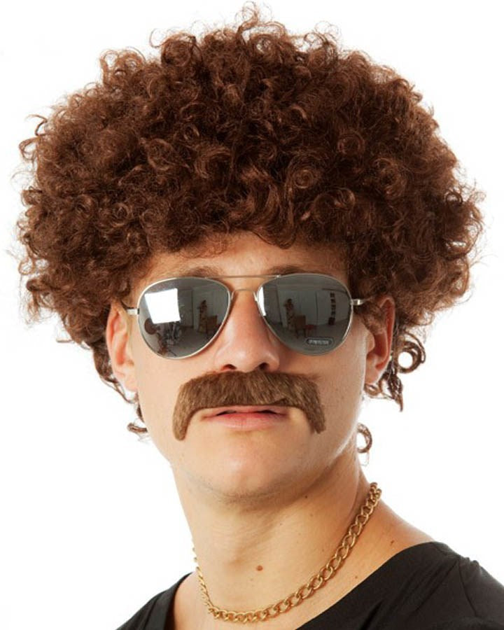 70s Brown Afro and Mustache Costume Set - Vintage Disco Party Outfit for Halloween, 70s Theme Party, and Cosplay
