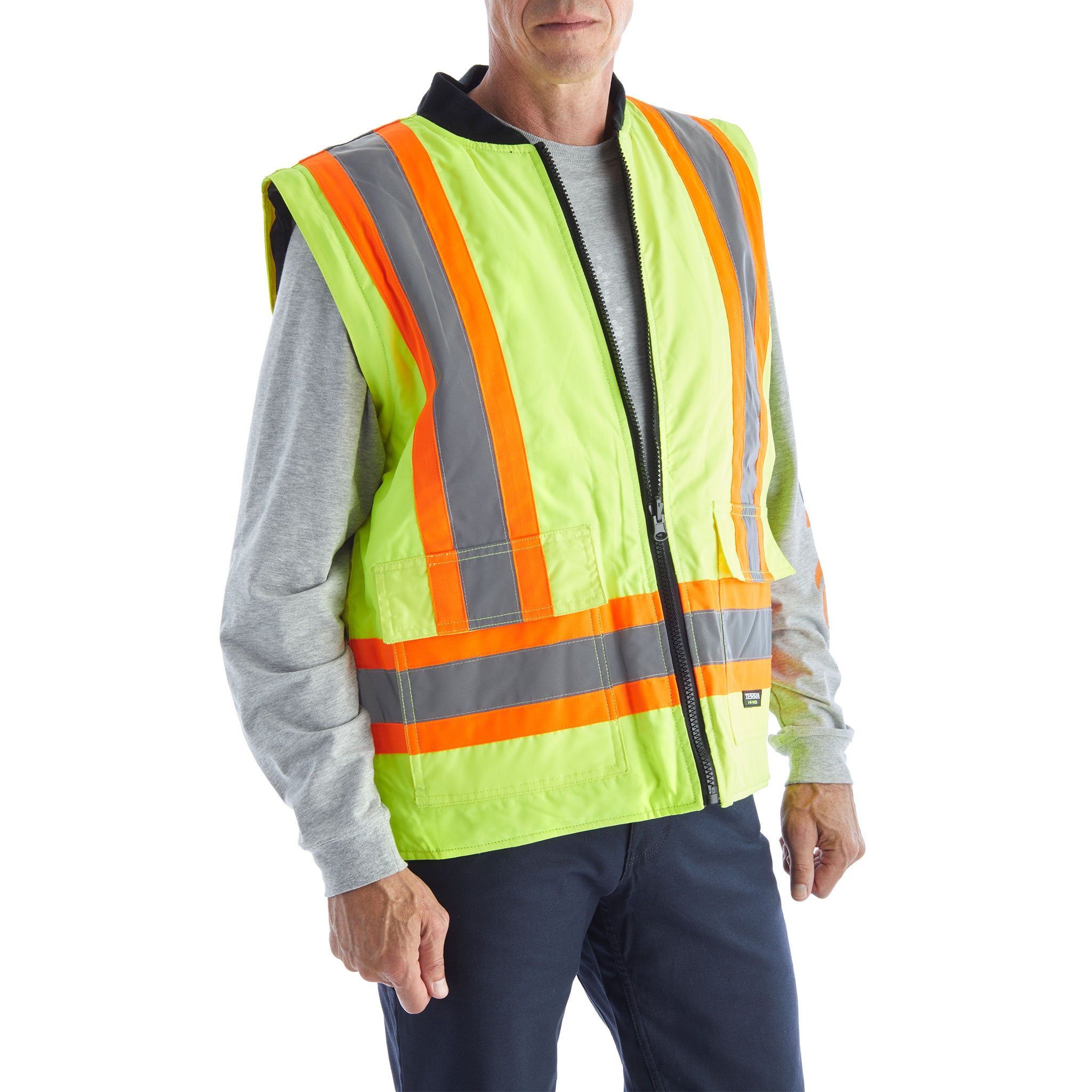 Terra Men's High Visibility 6-in-1 System Work Bomber Jacket - ANSI Certified Reflective Safety Jacket for Construction, Road Work & Outdoor Jobs - Yellow (Model 116562)