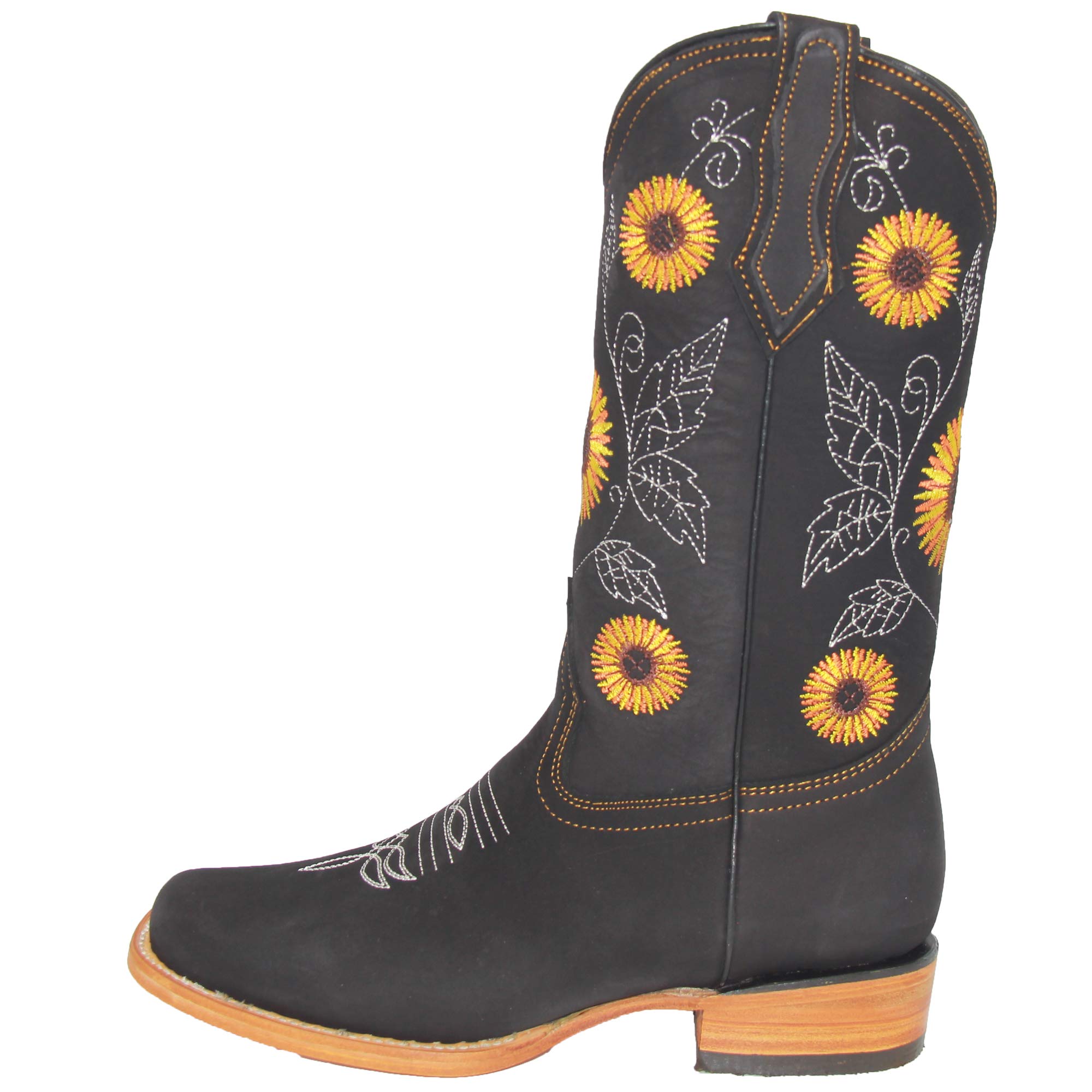 Women's Cowgirl Boots - Square Toe Leather Western Boots with Sunflower Embroidery | Comfortable & Stylish for Rodeo, Country Dancing & Everyday Wear