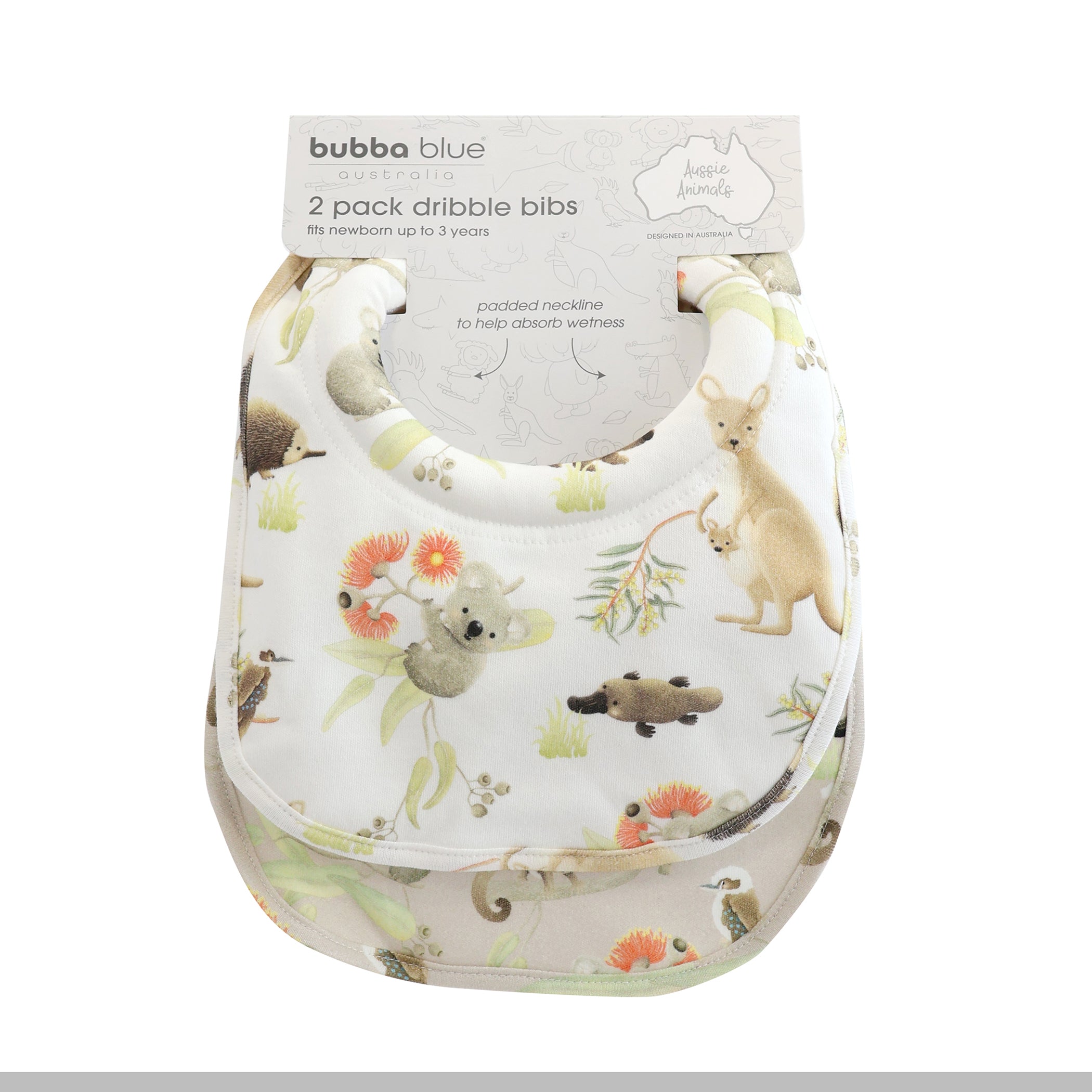 Aussie Animals 2-Pack Drool Bibs for Babies - Soft Absorbent Cotton Bibs for Teething, Feeding & Messy Playtime