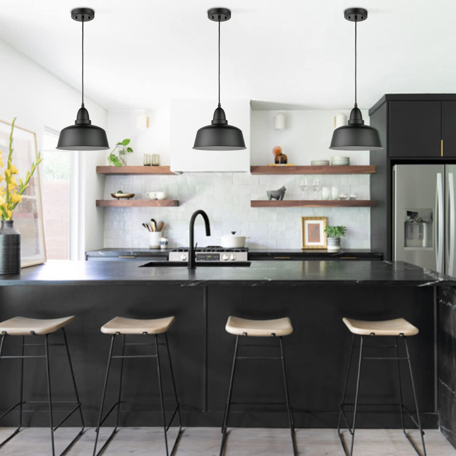 3 Pack Matte Black Industrial Pendant Lights for Kitchen Island - Modern Hanging Fixtures for Dining Room, Bar Counter & Home Decor