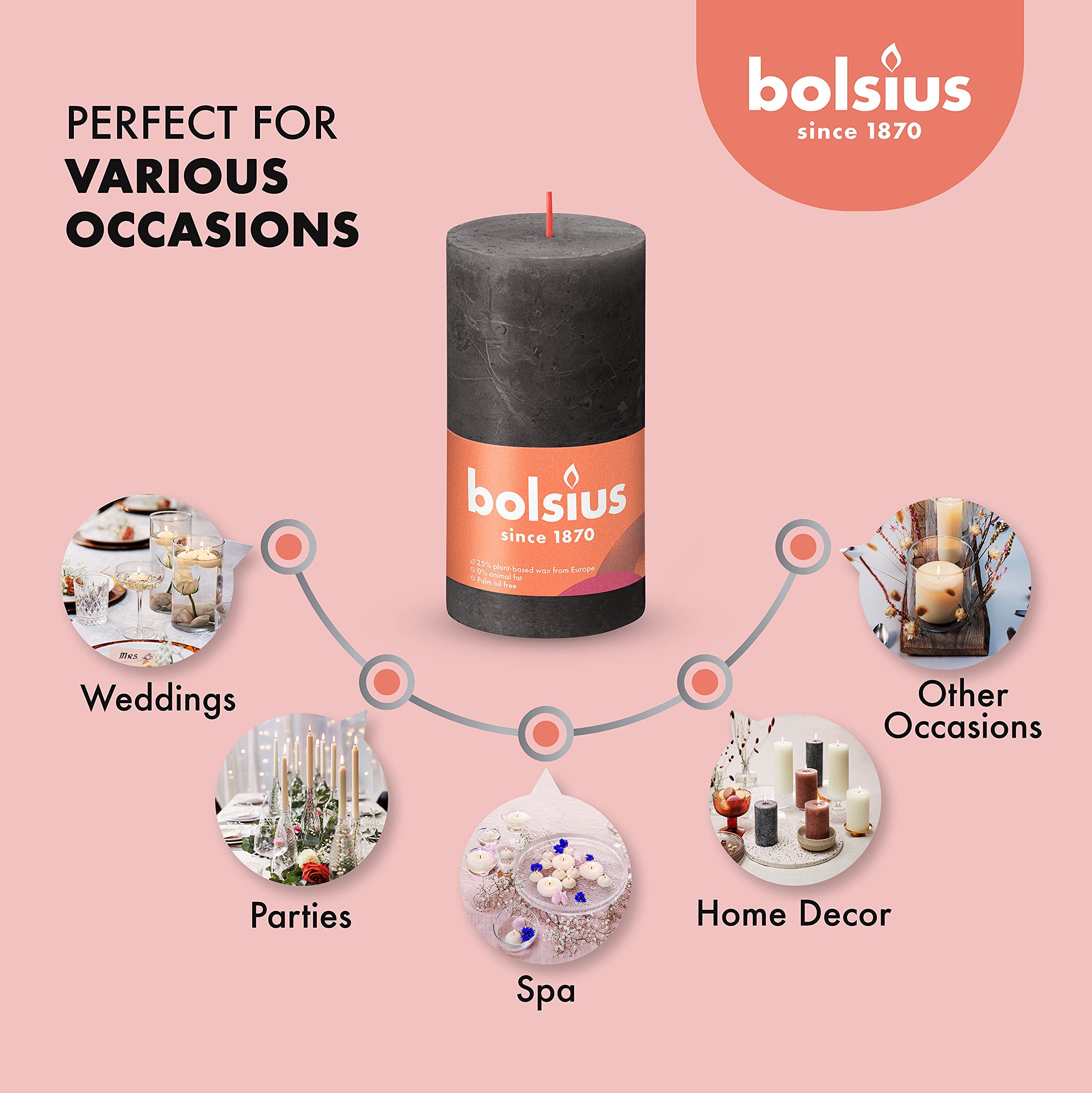 BOLSIUS 4 Pack Black Rustic Pillar Candles - 2.75 x 5 Inches Unscented Dripless Smokeless Candles - Natural Plant-Based Wax for 60 Hours Burn Time - Premium European Quality for Wedding, Dinner Party & Home Decor