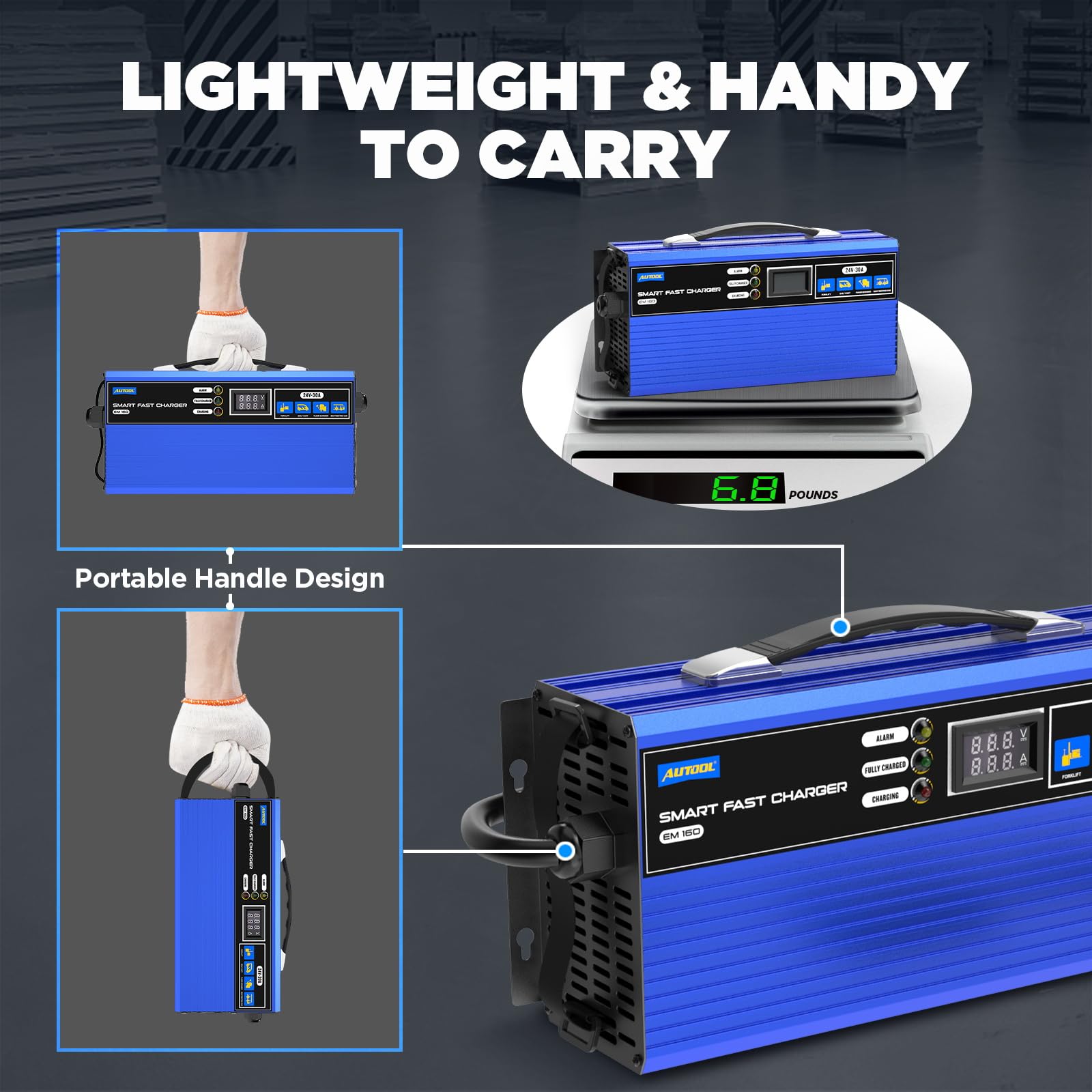 AUTOOL 24V 30A Smart Forklift Battery Charger - Fully Automatic for Electric Pallet Jacks, Forklifts & Club Cars - LCD Display & Cooling Fan - Ideal for 200AH-300AH Lead-Acid Batteries - Perfect for Warehouses, Distribution Centers & Industrial Charging Stations