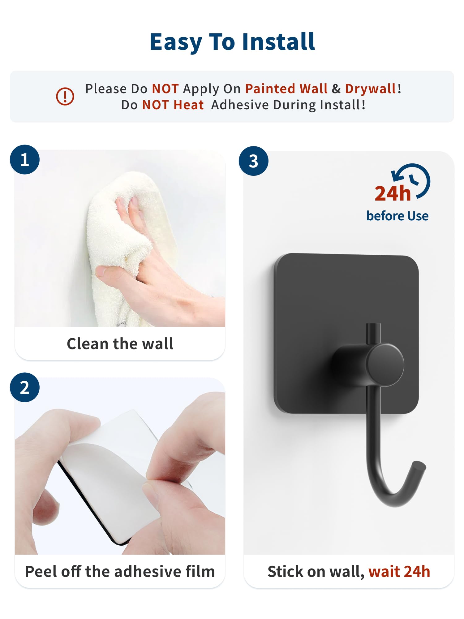 Self Adhesive Towel Hooks for Bathroom - 4 Pack Black Wall Mounted Hooks, Strong Adhesive Hand Towel Holder for Hanging Bath Towels, Robes & Lightweight Clothing - Perfect for Bathroom, Closet, Cabinet & Behind Doors (Ideal for Small Spaces & Organization)