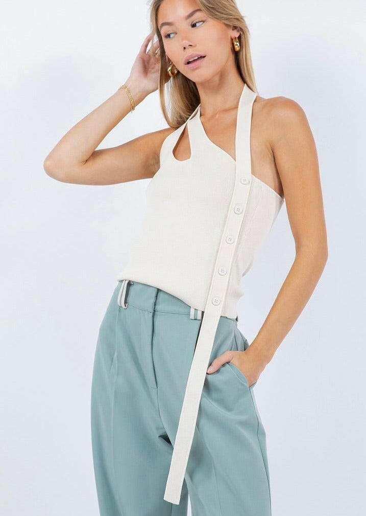 Stylish Asymmetrical Beige Tank Top with Side Button Detail - Perfect for Casual Outings, Summer Fashion & Layering