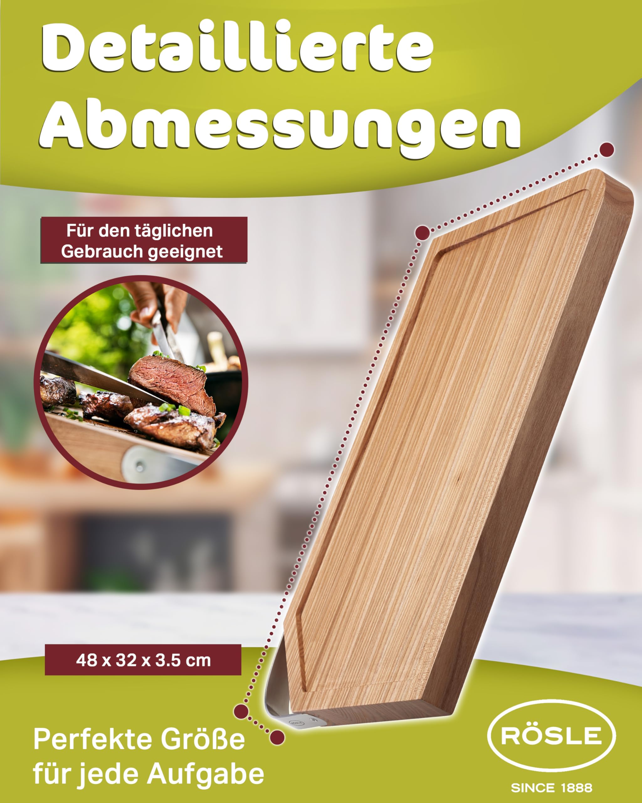 Premium Rosle 15033 Natural Wood Cutting Board with Stainless Steel Handle - 48 x 32 x 3 cm - Perfect for Kitchen Prep, Meat Cutting & Serving Charcuterie