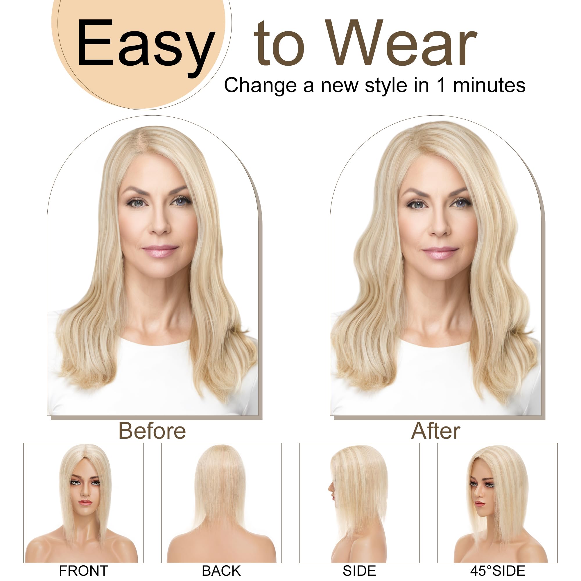 SEGO Real Human Hair Toppers for Women - No Bangs, 130% Density, 10x12cm Silk Base, 100% Remy Human Hair Clip-in Top Wiglet for Thinning Hair (10 Inch, Ash Blonde & Bleach Blonde) - Perfect for Daily Wear, Parties & Special Occasions