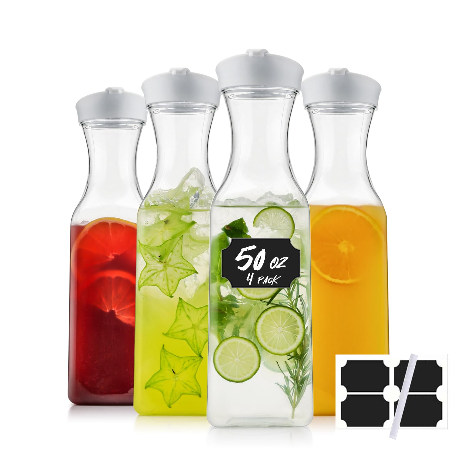 50 Oz BPA-Free Square Plastic Water Carafe with Lids - 4 Pack for Mimosa Bar, Drinks, Milk, Iced Tea & Juice Storage - Perfect for Refrigerator, Parties, Catering & Home Use (Not Dishwasher Safe)